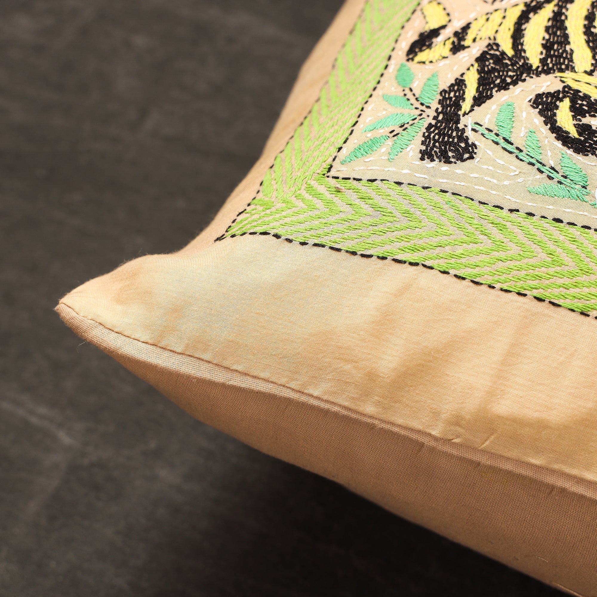 KHUSHBASH - HAPPY LOOM OF EAST Beige - Bengal Kantha Embroidery Silk Cushion Cover (15 x 15 in) 04 - view 2