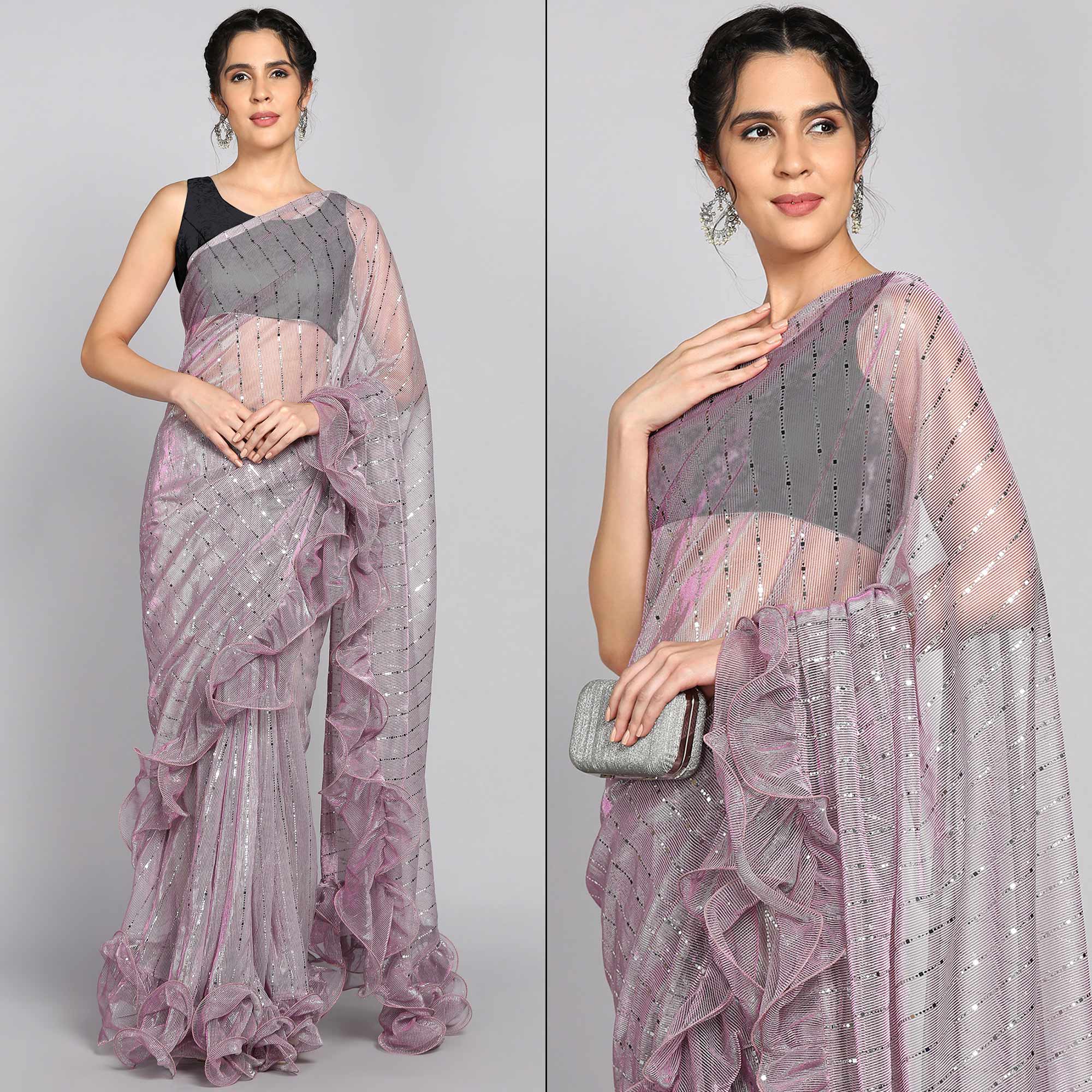 Peachmode Light Mauve Tikki Work Lycra Ruffle Saree