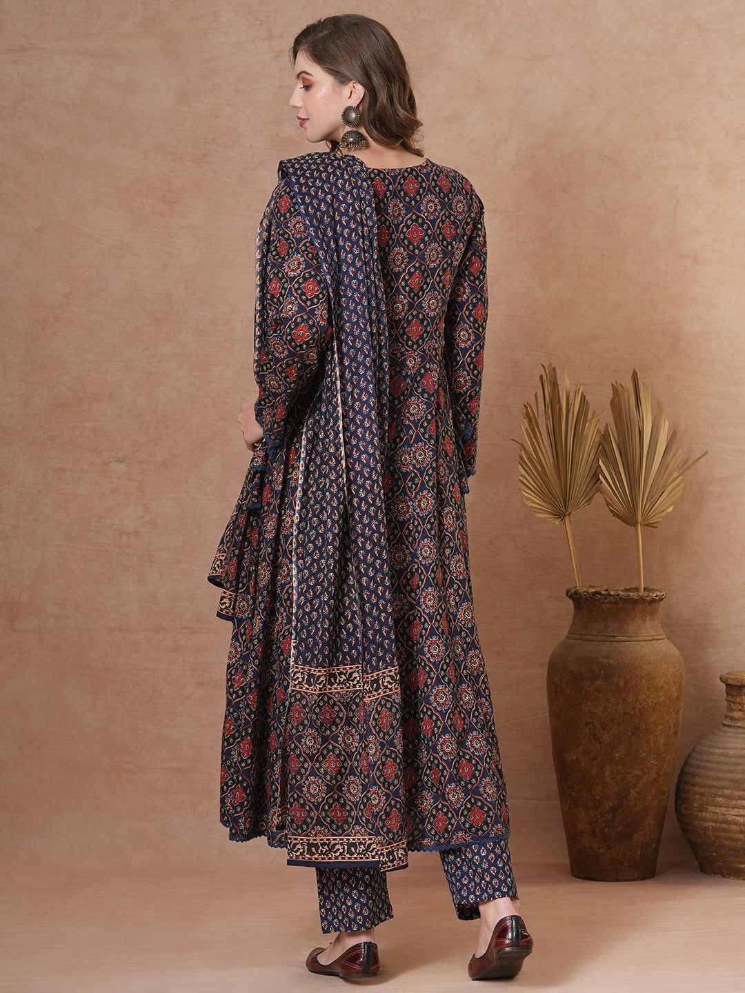FASHOR Ethnic Floral Printed & Embroidered Anarkali Kurta with Pant & Dupatta - Blue - view 6