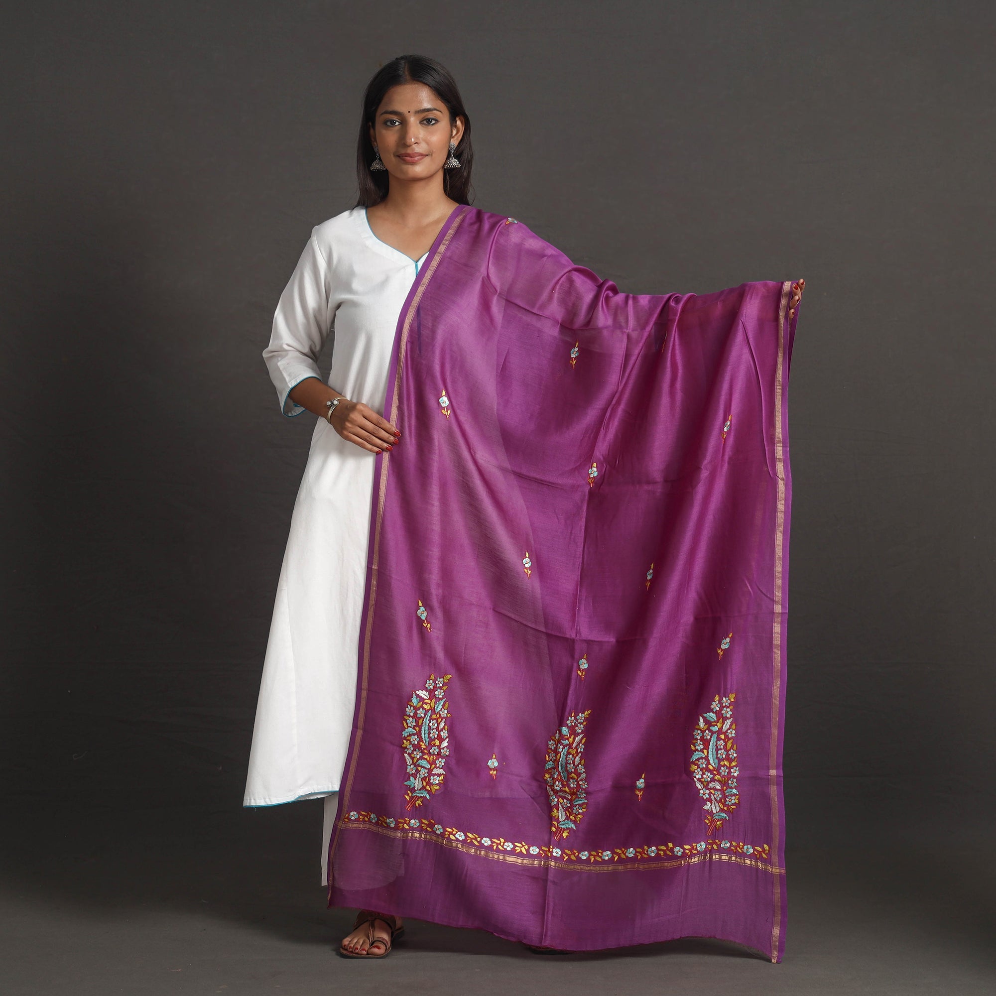 ITOKRI CRAFTS INITIATIVE Handloom Chanderi Silk Kashida Embroidery Dupatta 25