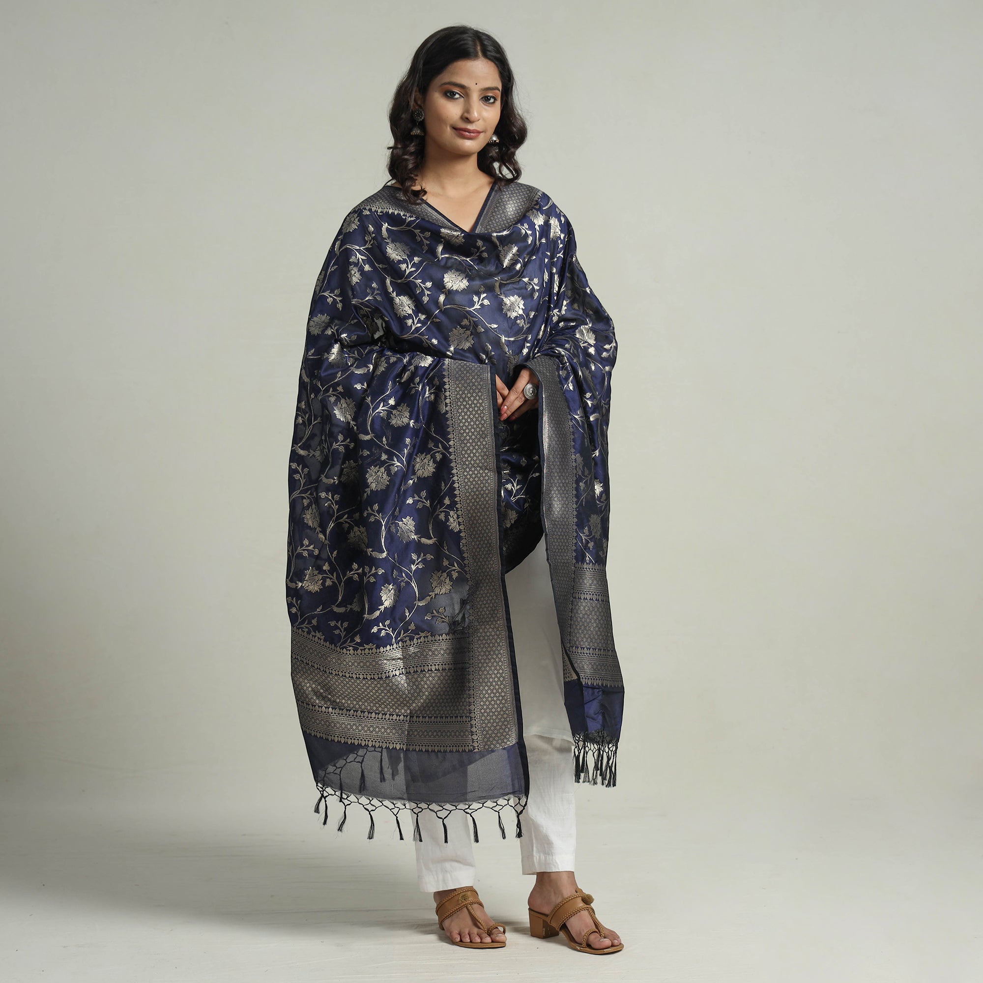 BANARASI BY MAQBUL HASAN Blue - Banarasi Semi Silk Zari Jaal Dupatta with Tassels 26 - view 2