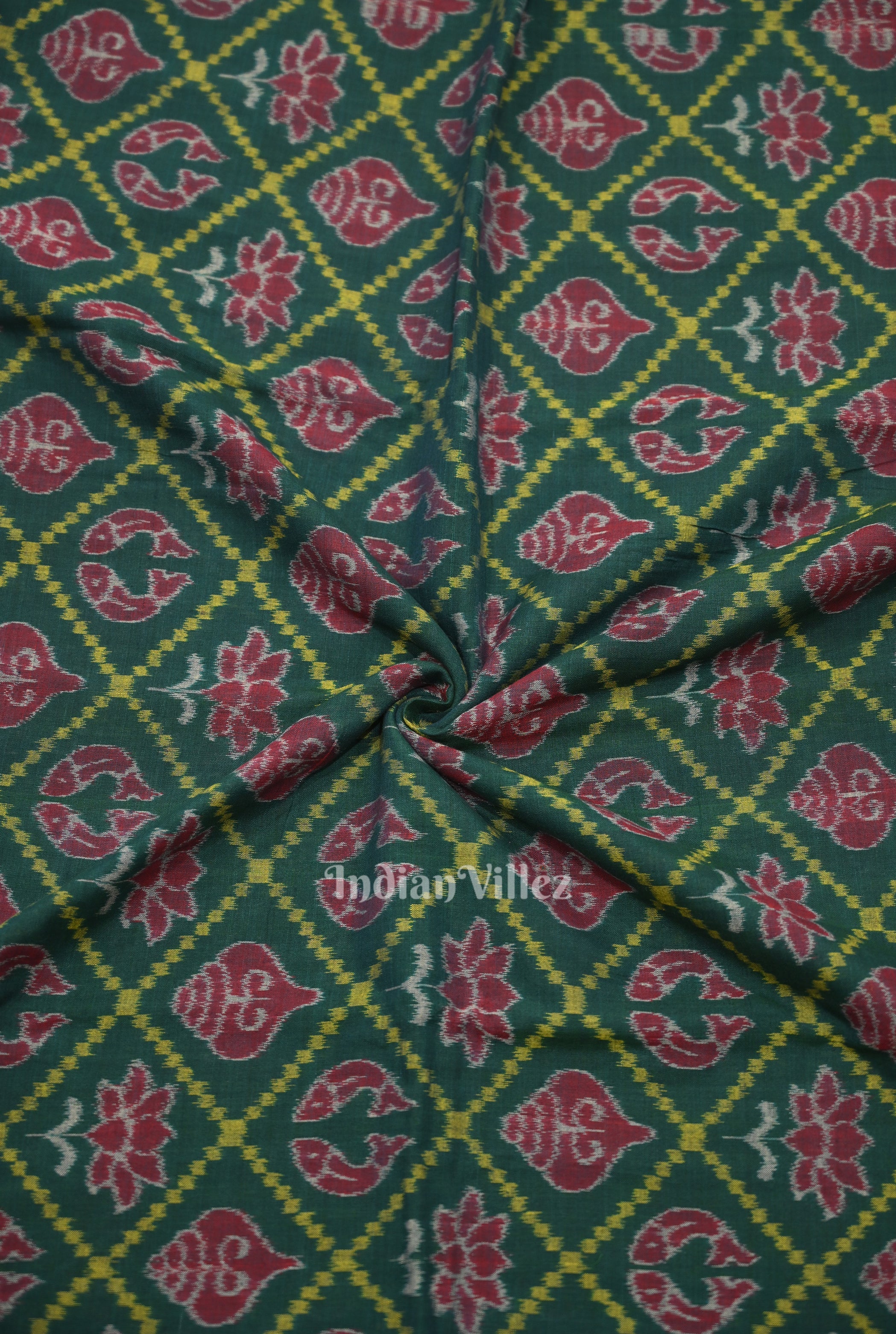 IndianVillèz Green Laxmi Pada & Shankha Theme Sambalpuri Cotton Fabrics