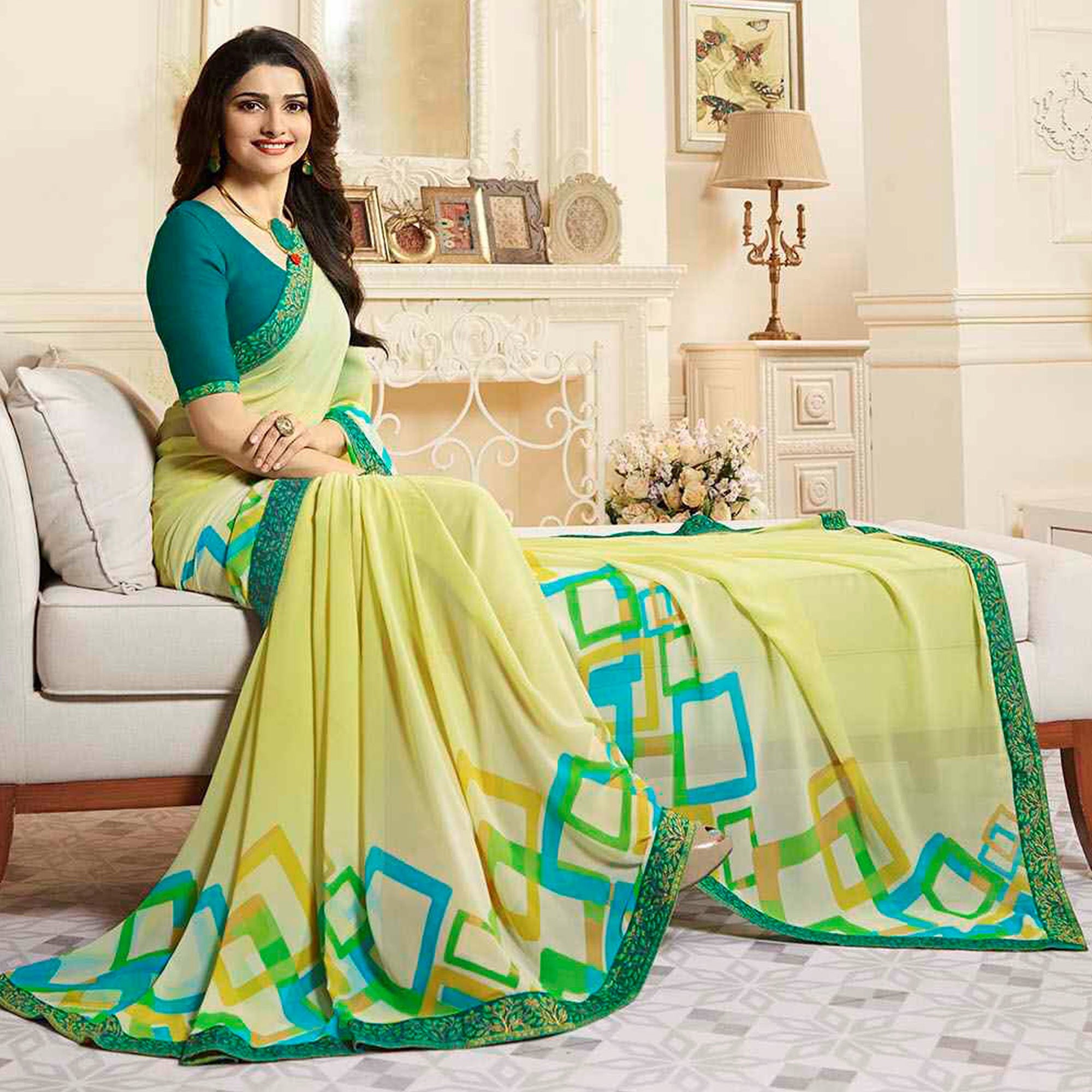Peachmode Lemon Yellow Printed Georgette Saree With Lace Border - view 4