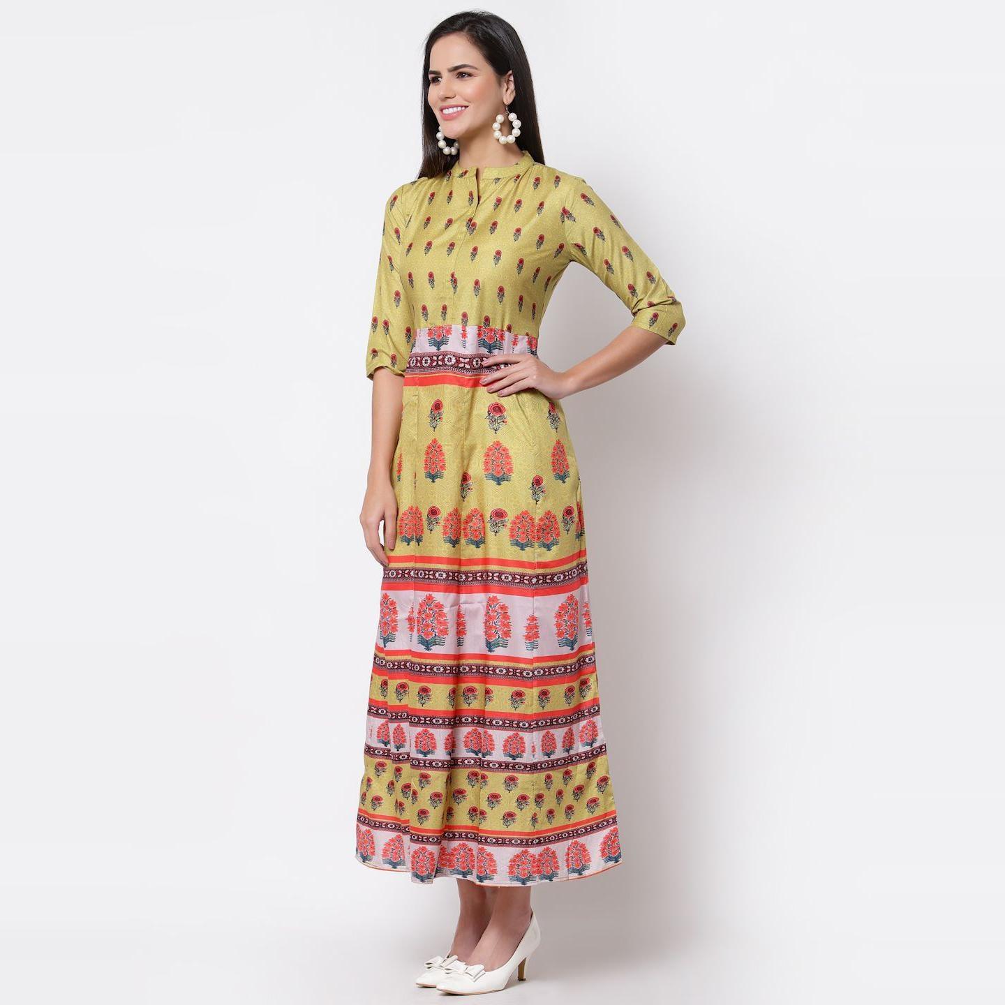 Peachmode Multicoilored Cotton Printed 3/4 Sleeve Mandarin Neck Casual Dress - view 5