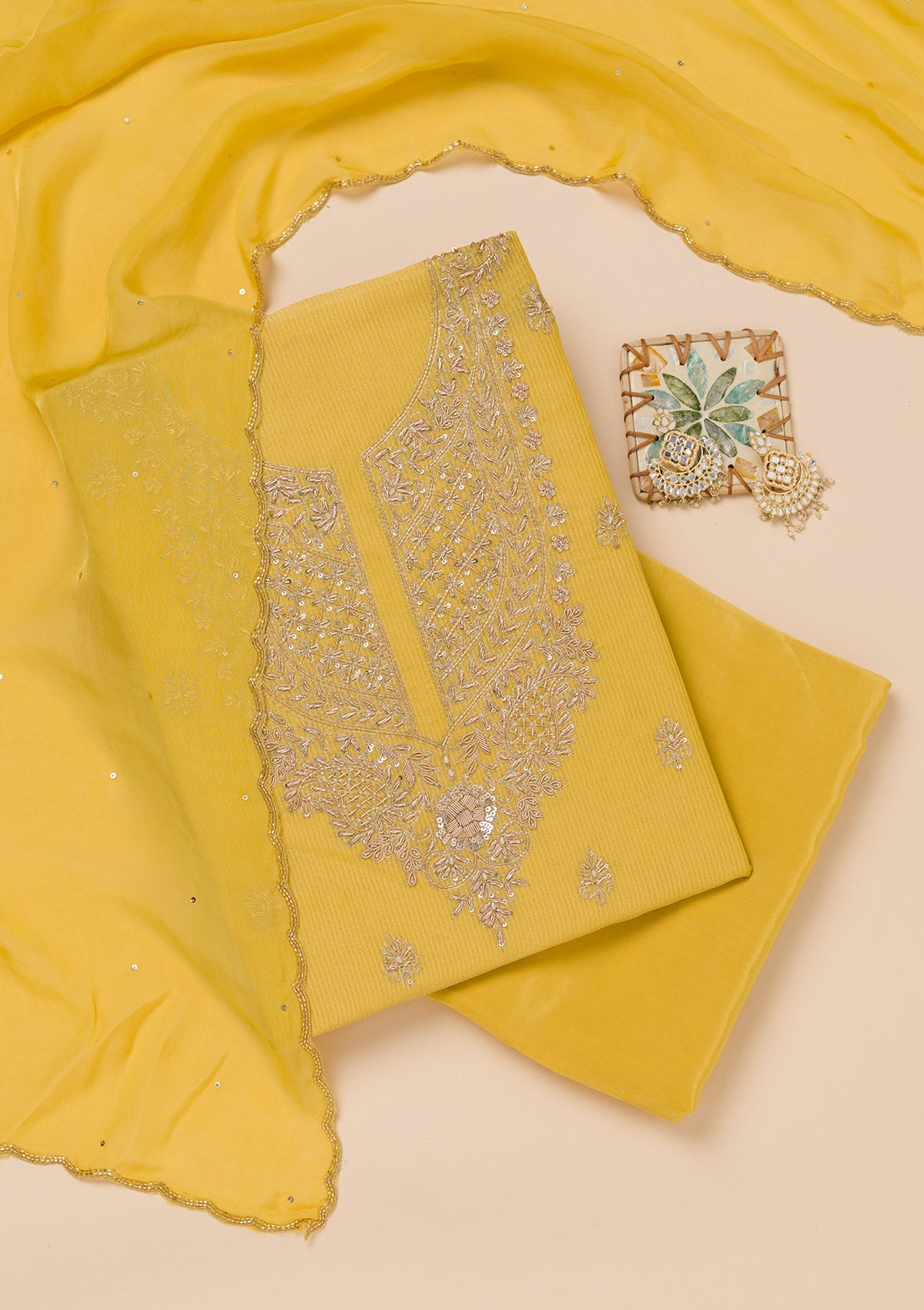 Koskii Parrot Green Cutdana Tissue Unstitched Salwar Suit