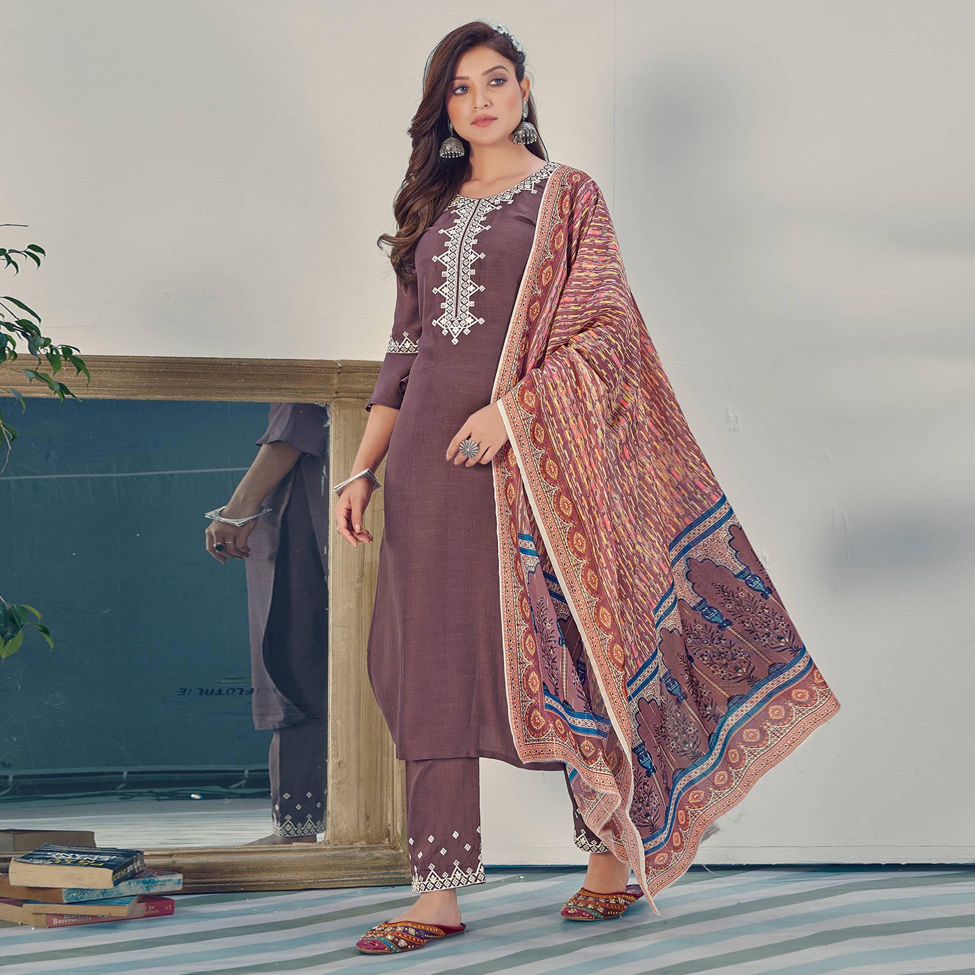 Peachmode Seller Mauve Embroidered With Embellished Chiffon Kurti Pant Set With Dupatta - view 2