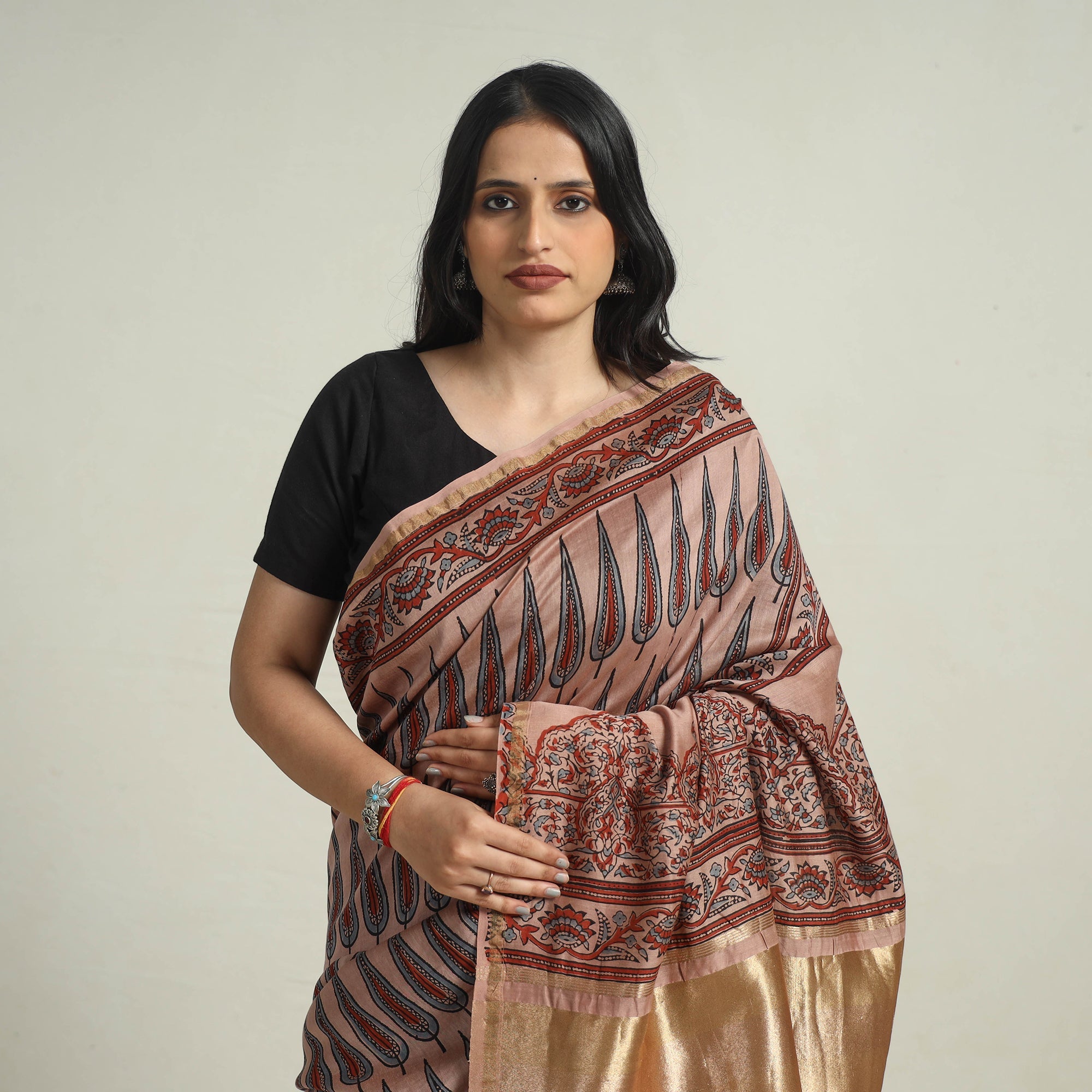 AJRAKH BY JABBAR KHATRI Brown - Chanderi Silk Block Printed Ajrakh Saree 03 - view 3