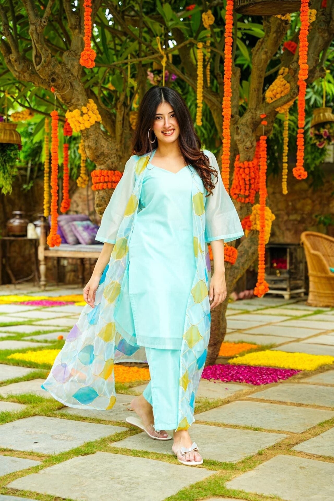 Idaho-o Crystal blue kurta jacket set