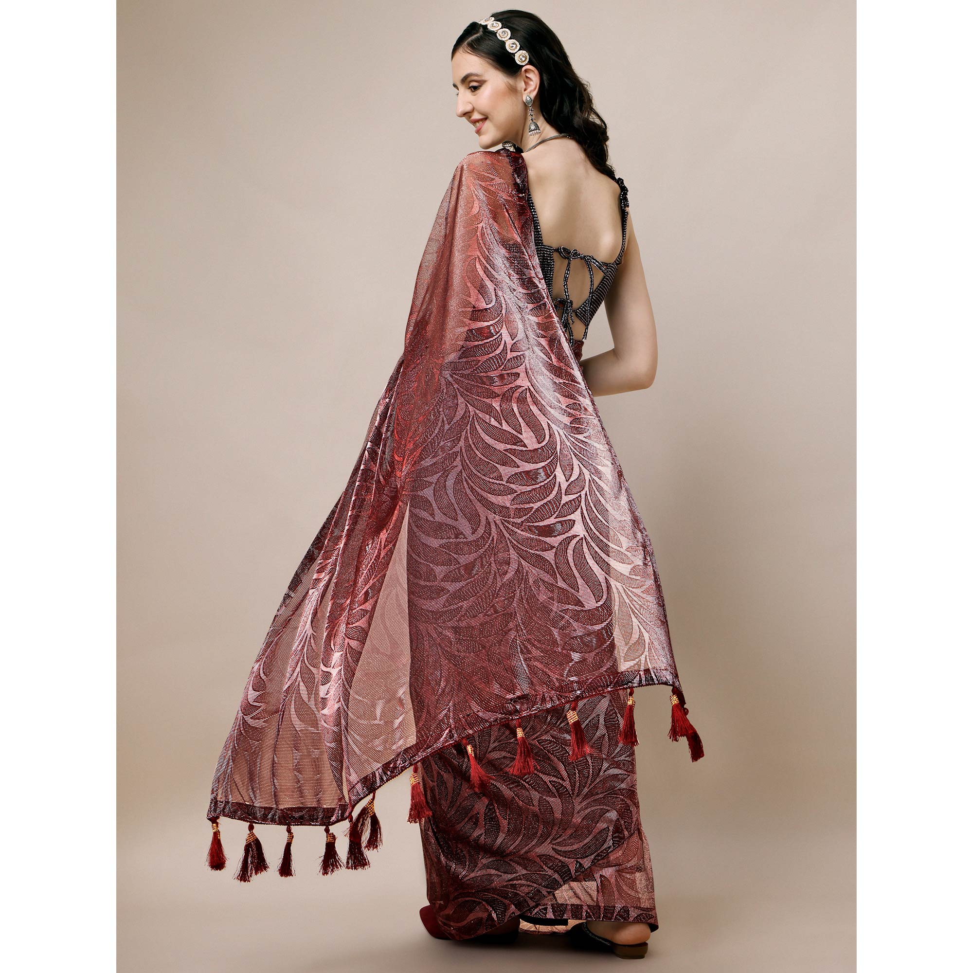 Peachmode Maroon Floral Printed Rayon Saree – Women's - view 8
