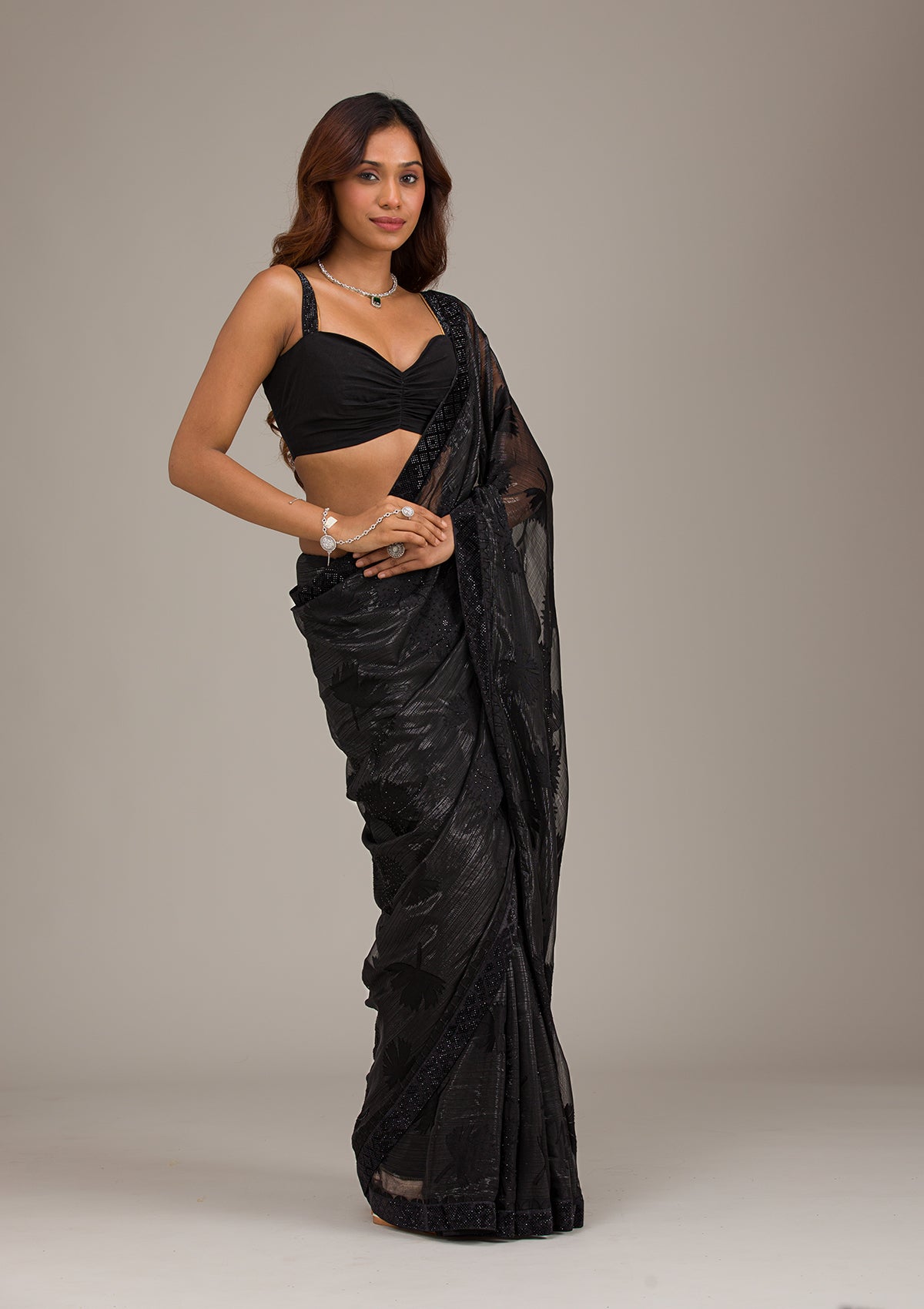 Koskii Black Stonework Organza Saree – Women's - view 5