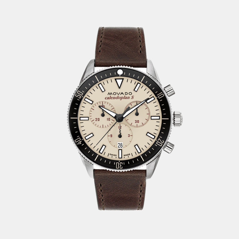 Movado Calendoplan S Men Quartz Sand Dial Chronograph Leather Watch 3650205