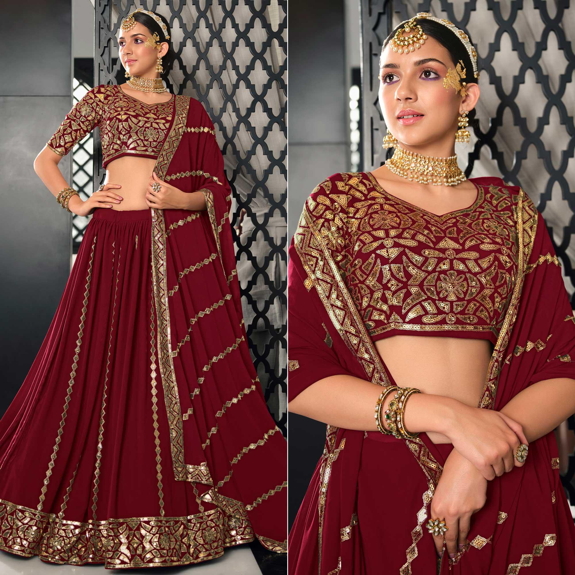 Peachmode Maroon Sequins Embroidered Georgette Lehenga Choli