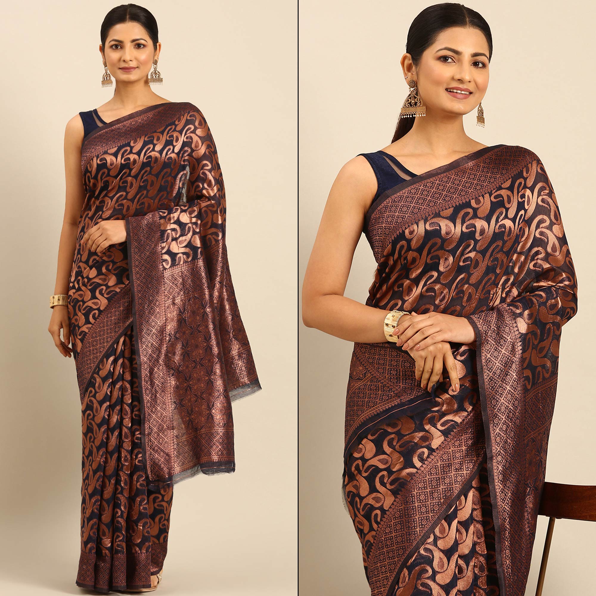 Peachmode Dark Navy Blue Floral Woven Cotton Silk Saree