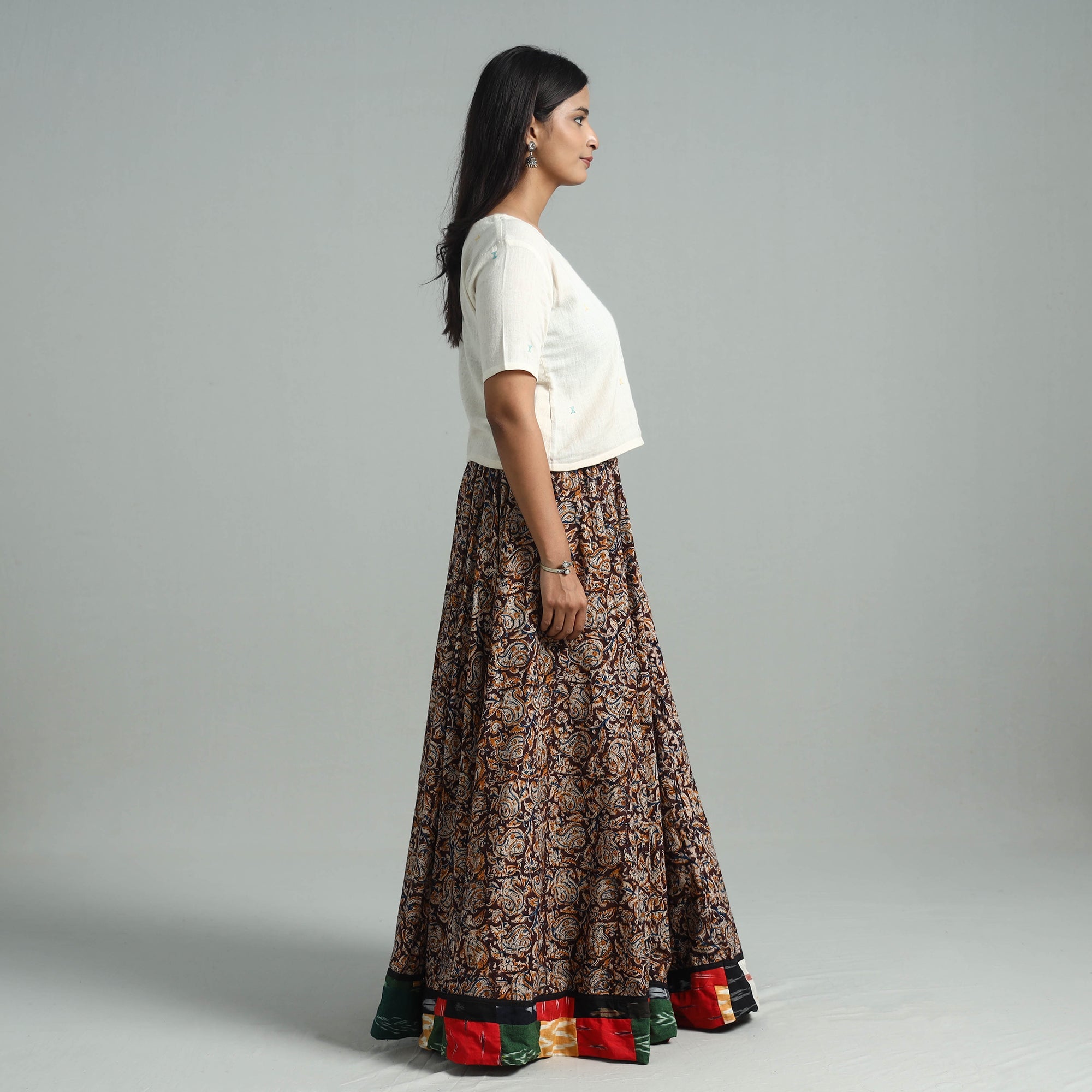 NOORI BAZAR Brown - Hand Block Printed Cotton Long Kalamkari Skirt 14 - view 3