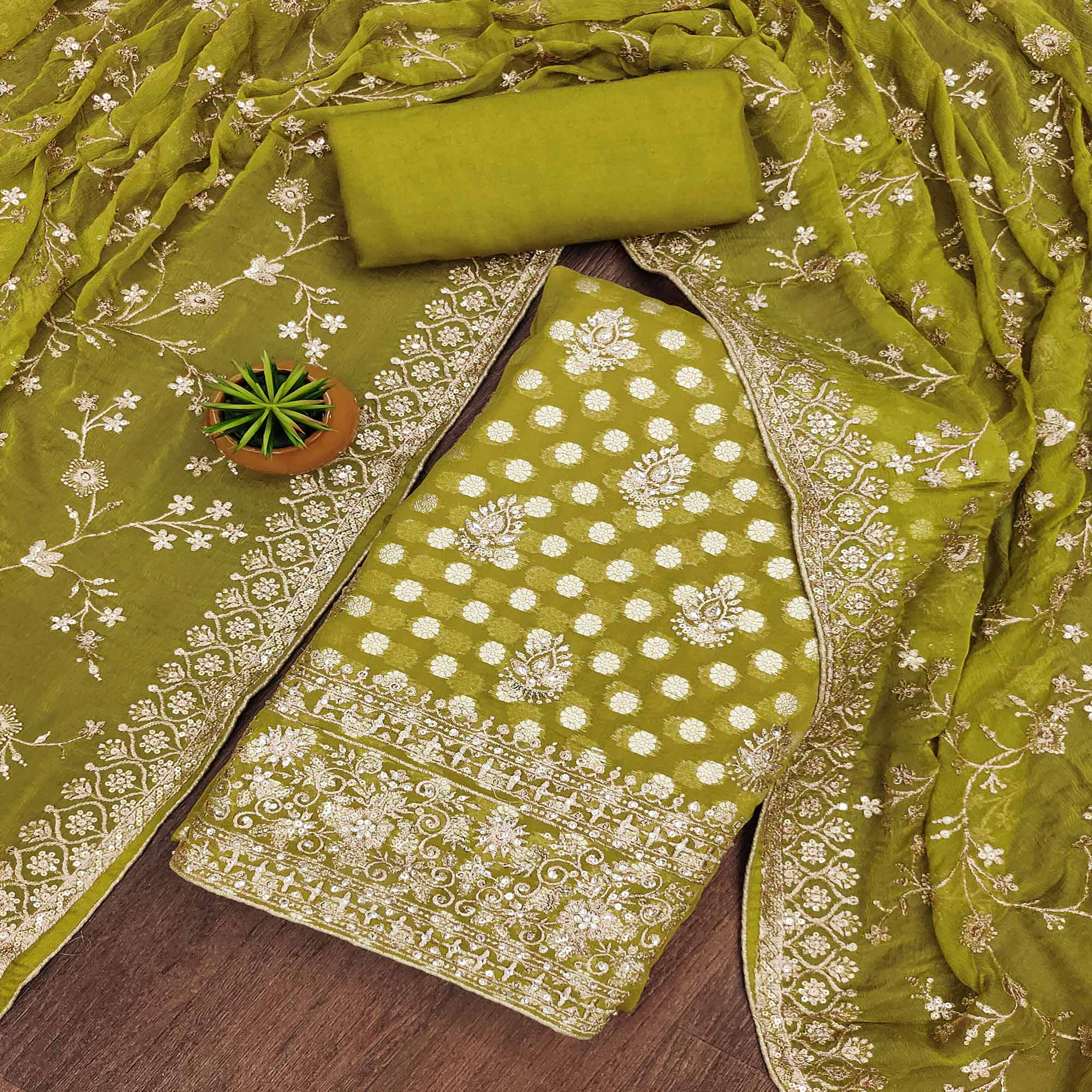 Peachmode Mehendi Green Floral Embroidered With Woven Georgette Dress Material