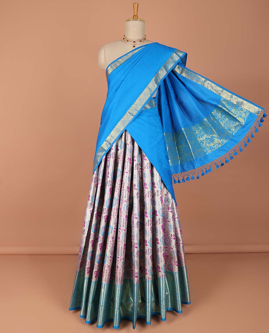 Pothys Blue floral vine design art-silk half saree, contrast traditional zari border,zari design blouse & intricate dhavani