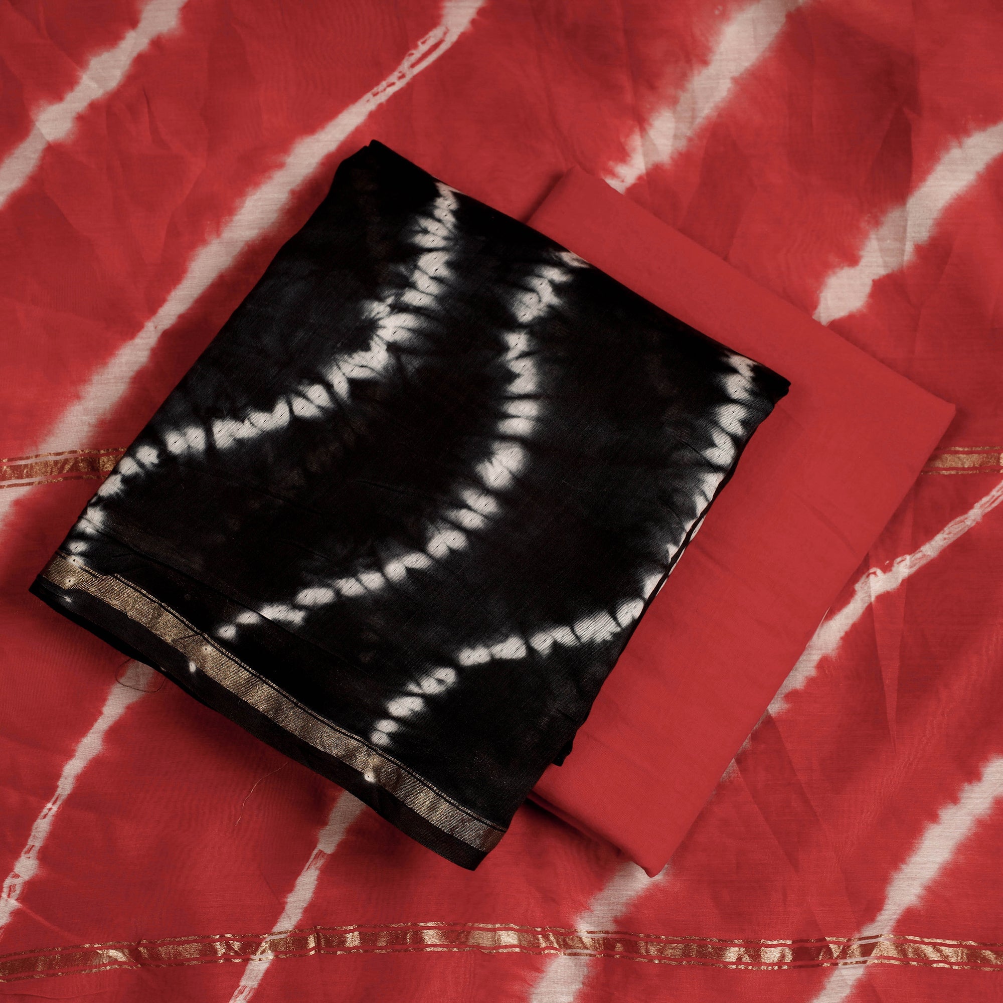 ARTISAN HAND BLOCK PRINTS Black - 3pc White Miura Shibori Tie-Dye Chanderi Silk Suit Material Set - view 2