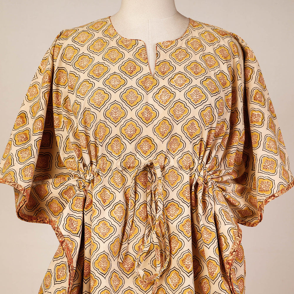 CHUTNEY CRAFT STUDIO Beige - Block Print Cotton Kalamkari Kaftan with Tie-Up Waist (Short) - view 3