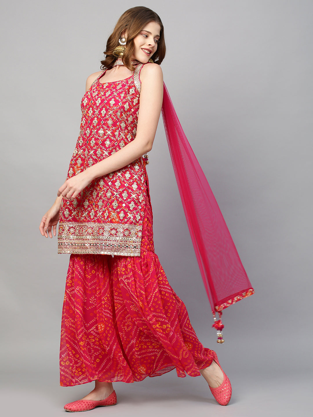 Fashor Zari Embroidered & Bandhani Printed Kurta with Sharara & Dupatta - Hot Pink - view 3