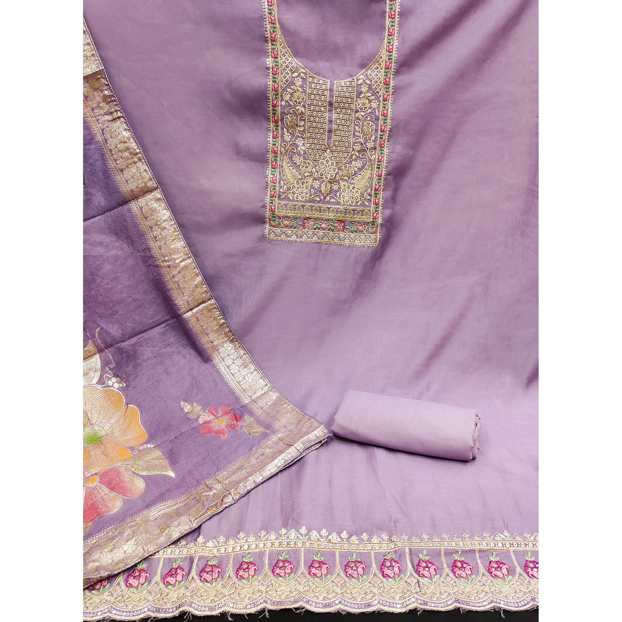 Peachmode Lavender Floral Sequins Embroidered Roman Cotton Silk Dress Material - view 3