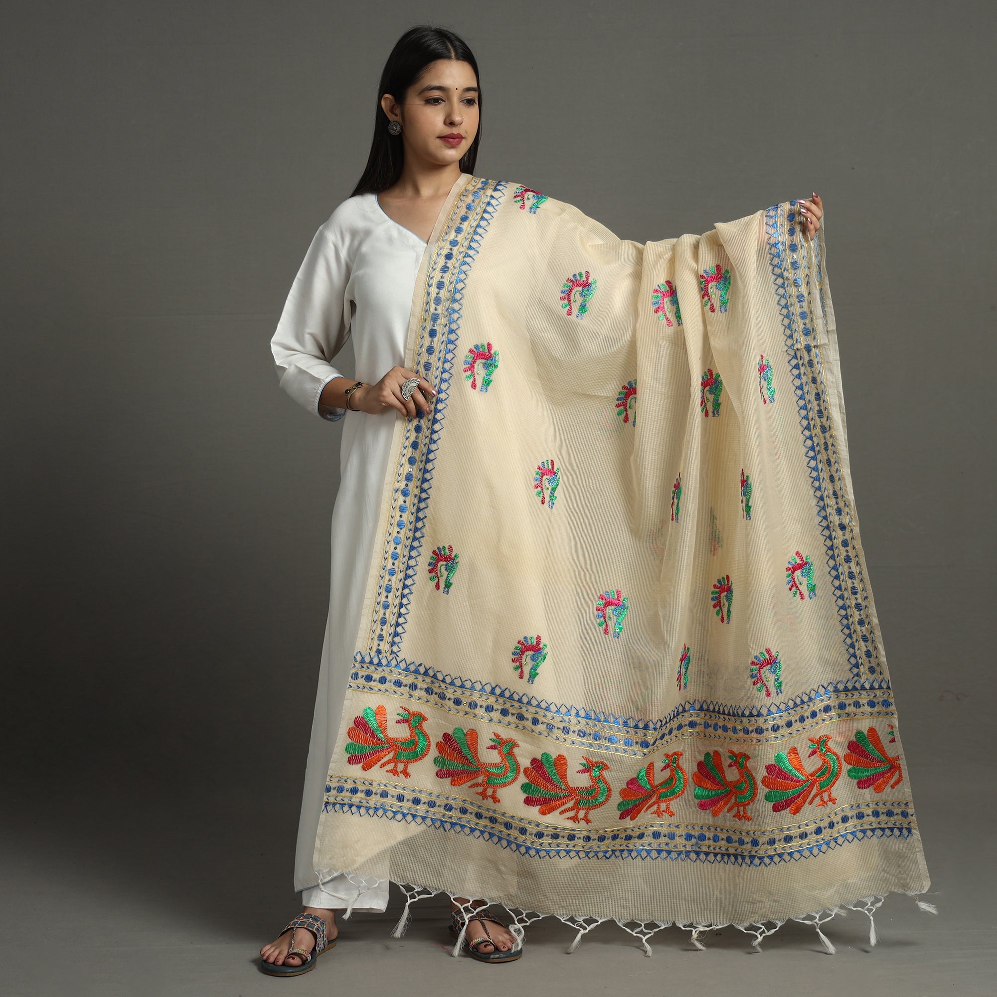 ITOKRI CRAFTS INITIATIVE Beige - Phulkari Hand Embroidery Kota Doria Chanderi Silk Dupatta with Tassels 12