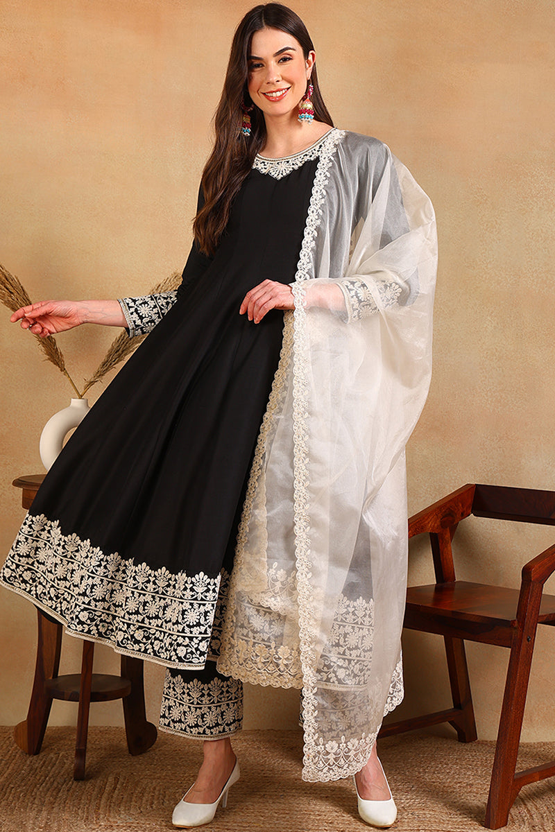 Ahika Black Silk Blend Embroidered Anarkali Suit Set PKSKD2362