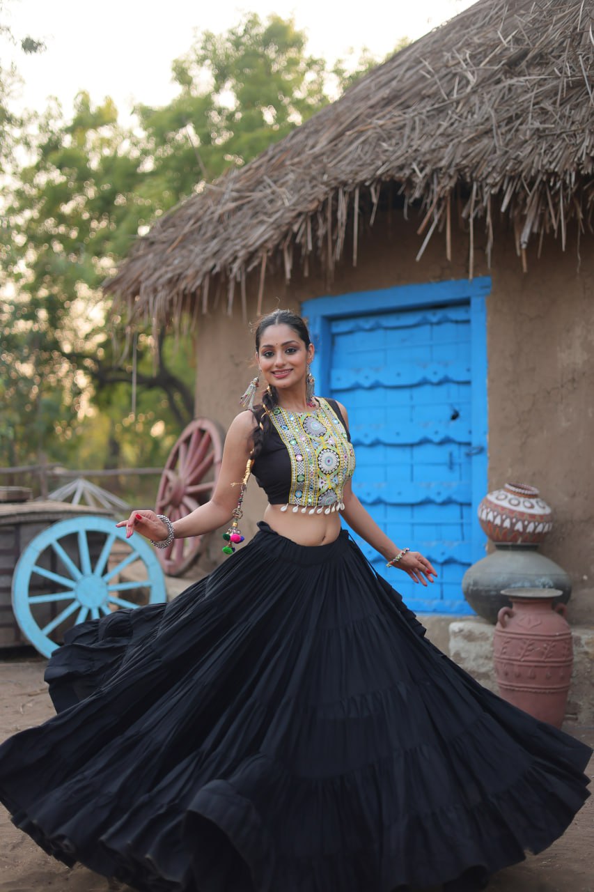 ClothsVilla Black Traditional Reyon Lehenga Set with Embroidered Blouse and Koti - view 4
