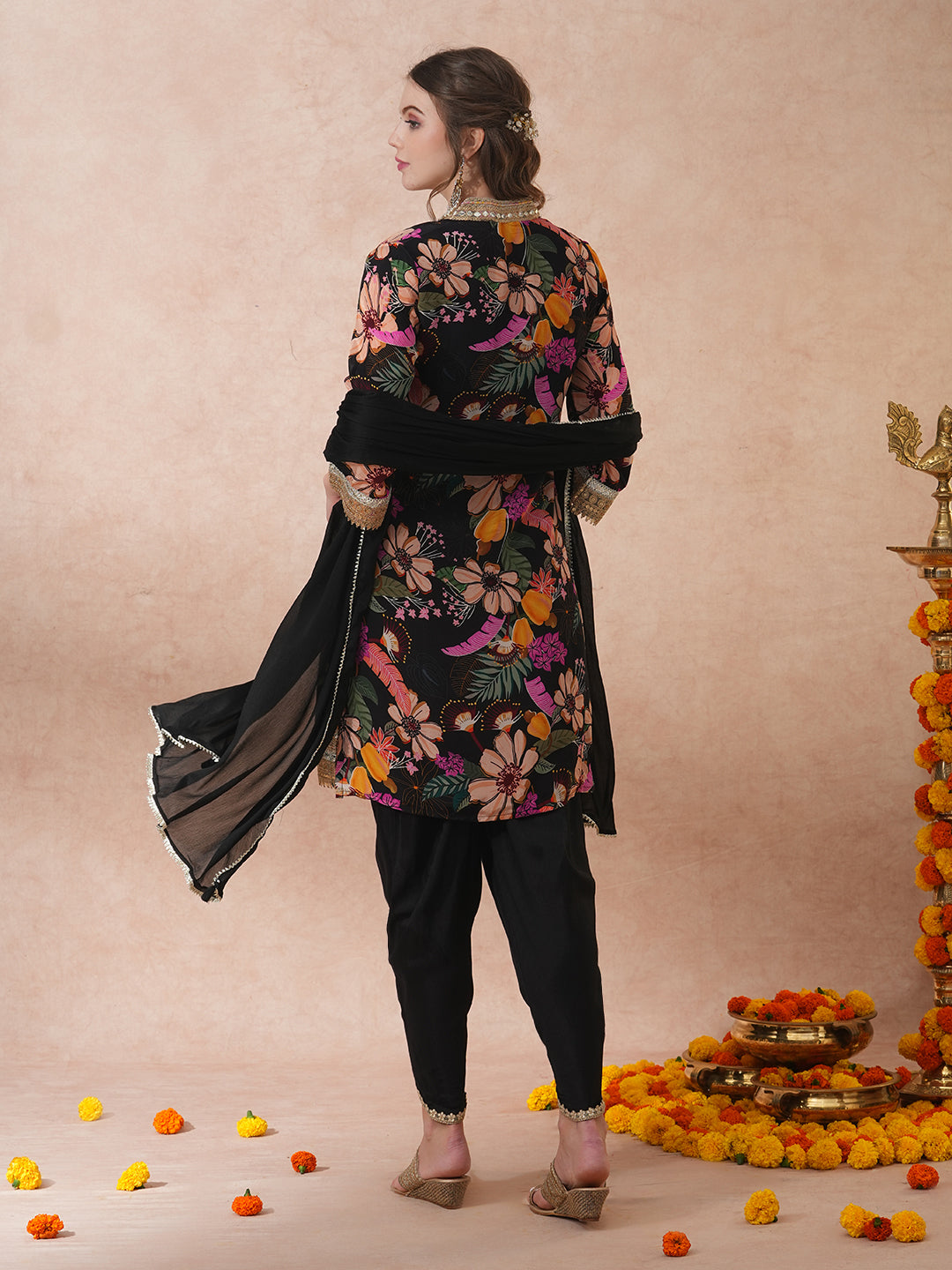 FASHOR Abstract Floral Printed & Hand Embroidered A-Line Kurta with Pant & Dupatta - Black - view 6