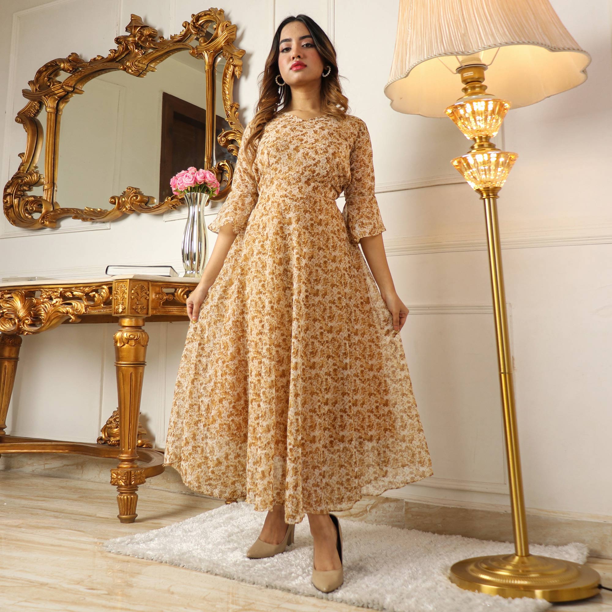 Peachmode Seller Brown Printed Georgette Dress - view 3