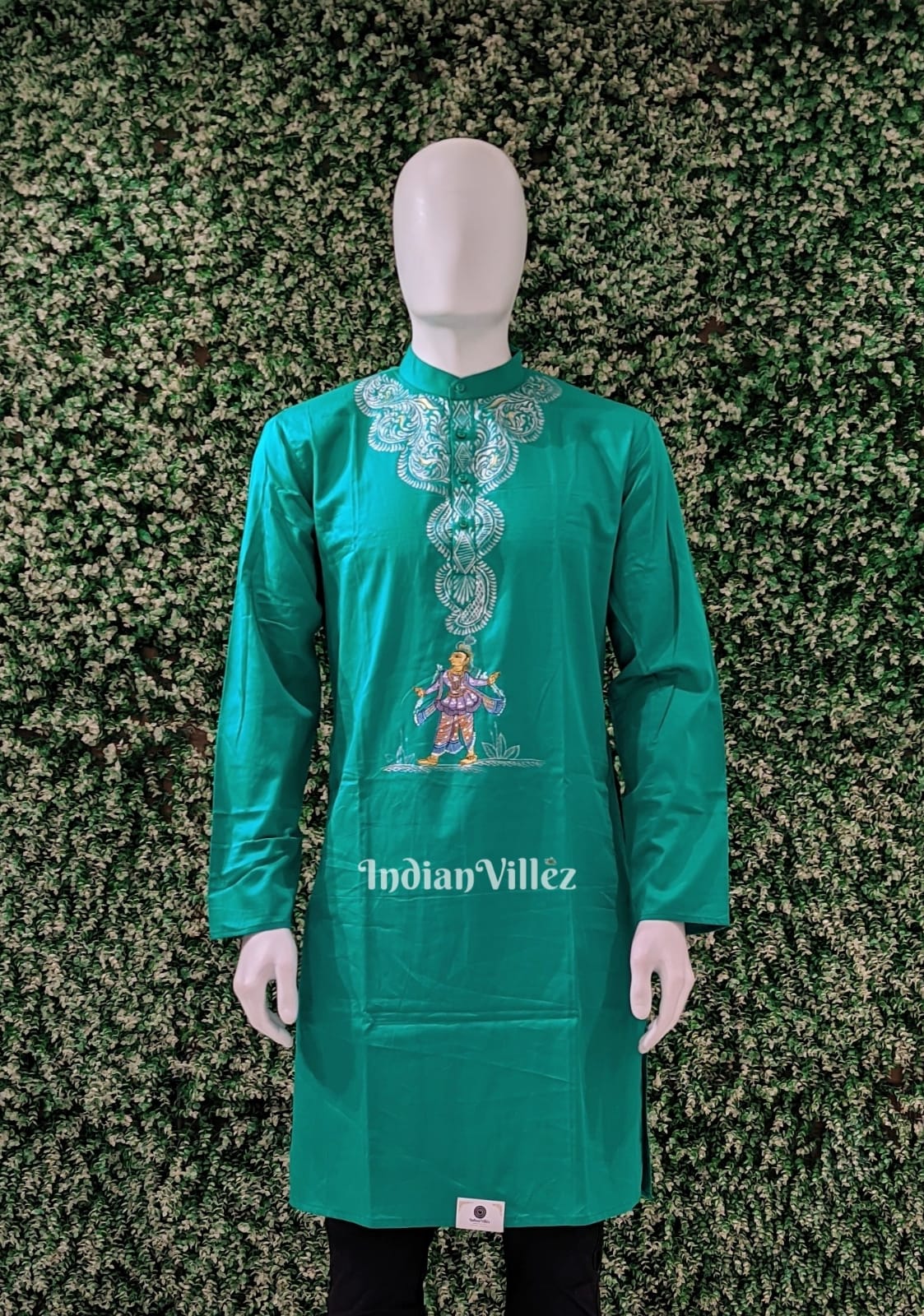 IndianVillèz Rama Green Hand-Painted Pattachitra Kurta