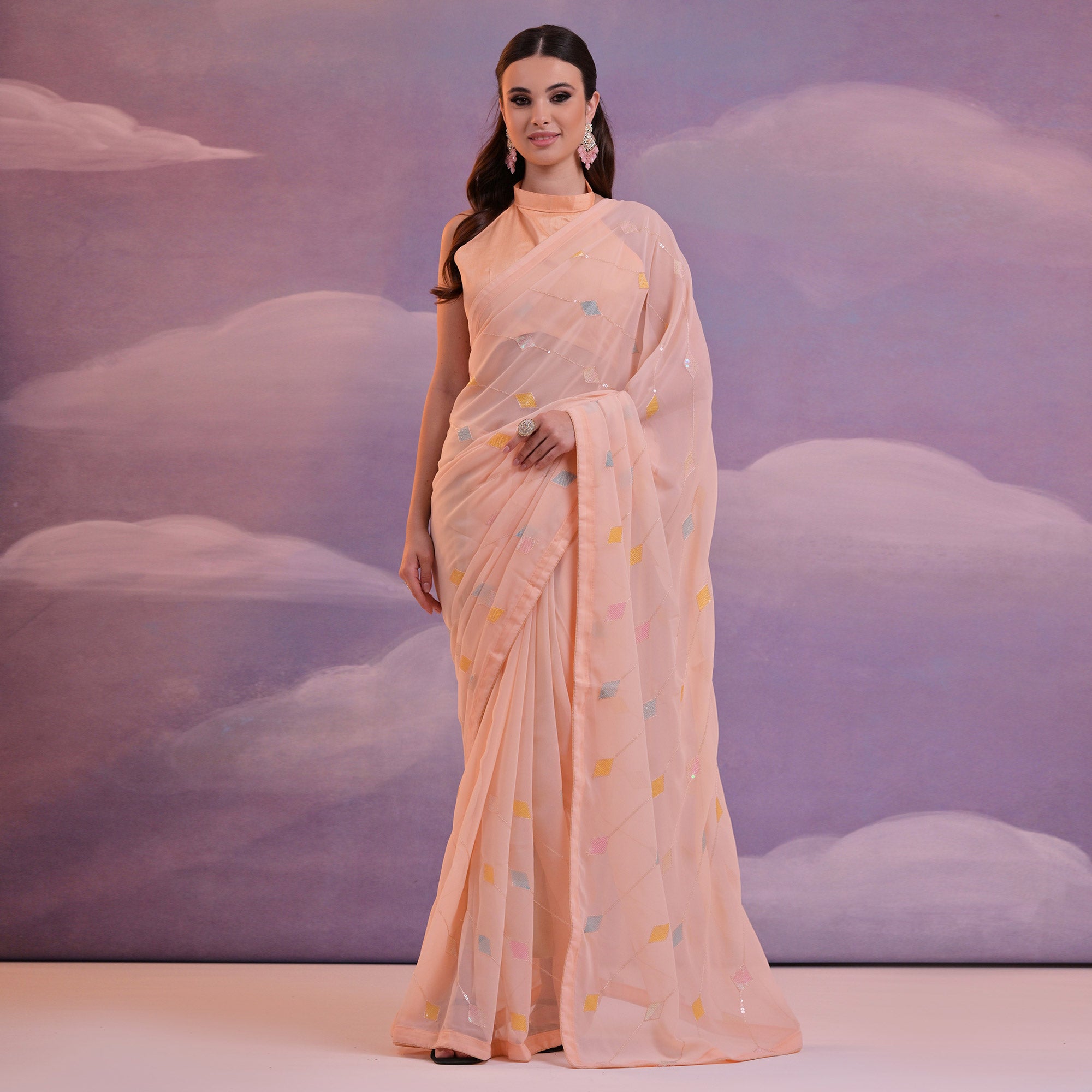 Peachmode Light Peach Sequins Embroidered Georgette Saree - view 2