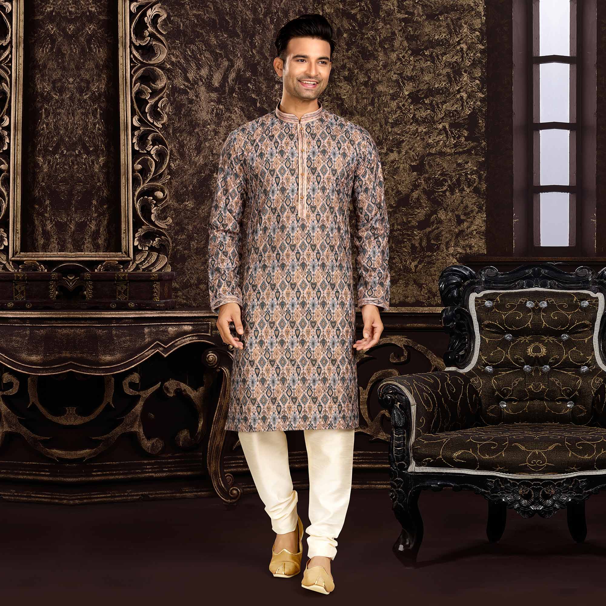 BlackTree grey-lucknowi-and-digital-printed-cotton-kurta-pyjama-set - view 2