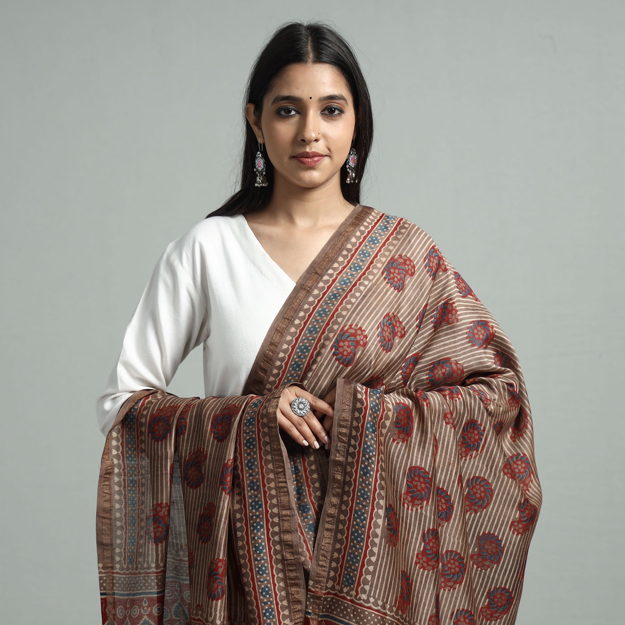 RIYAZ ABDULMAJID KHATRI - AJRAKH Brown - Hand Block Print Chanderi Silk Ajrakh Dupatta - view 3