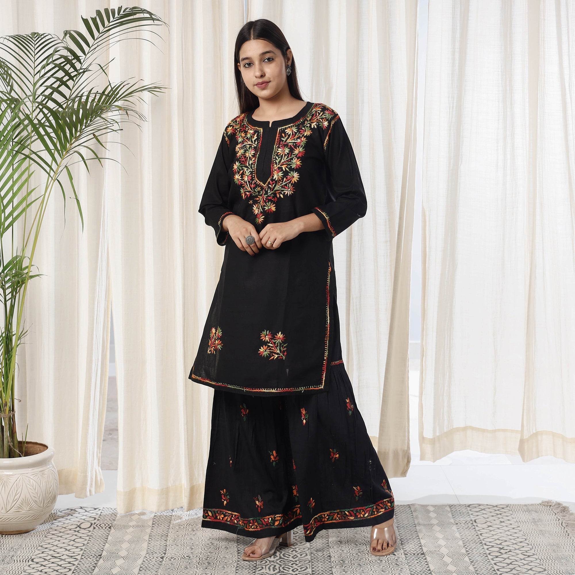 MEHARKI CHIKAN Black - Chikankari Hand Embroidery Cotton Kurta with Sharara Set
