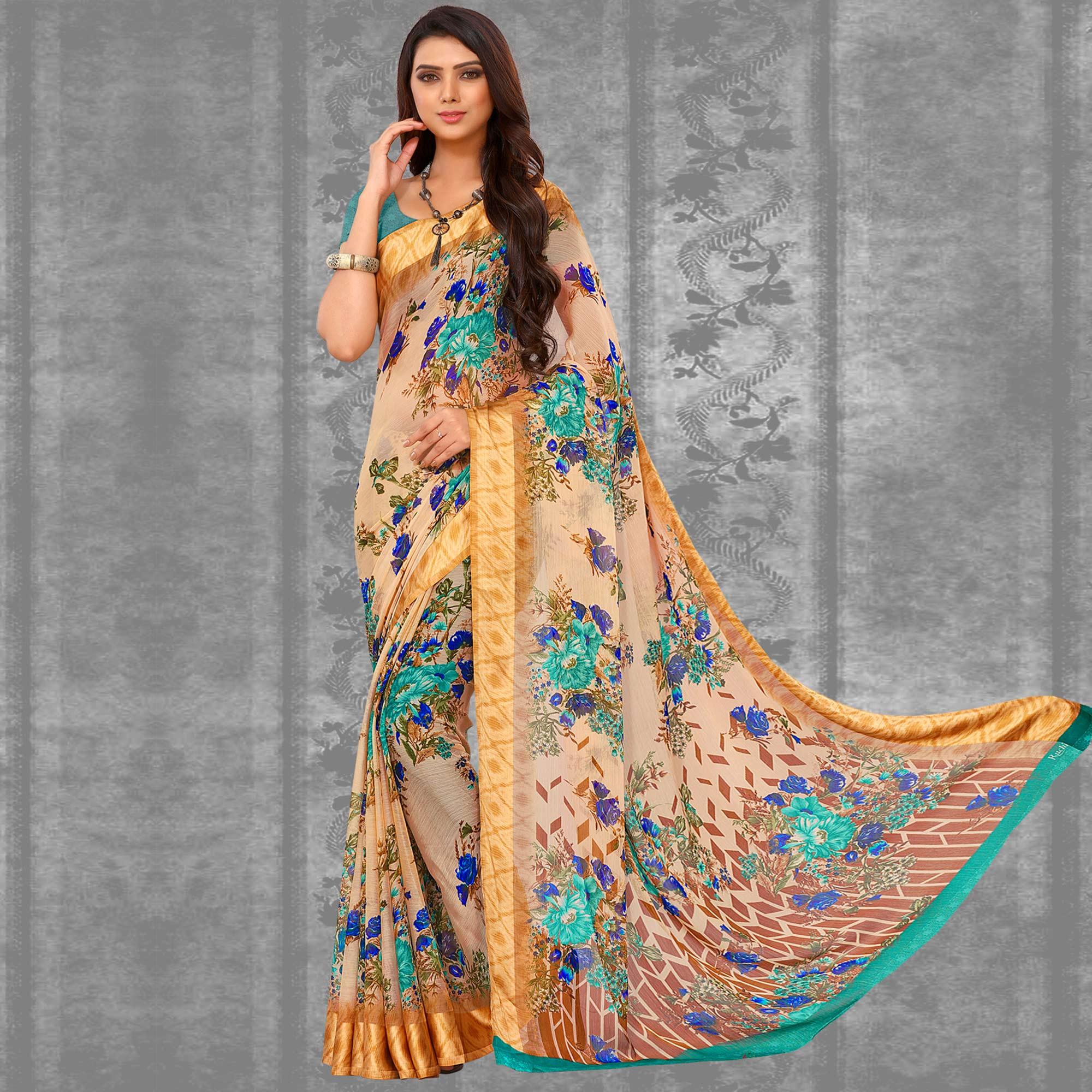 Peachmode Multicolor Festive Wear Floral Printed Chiffon Satin Saree