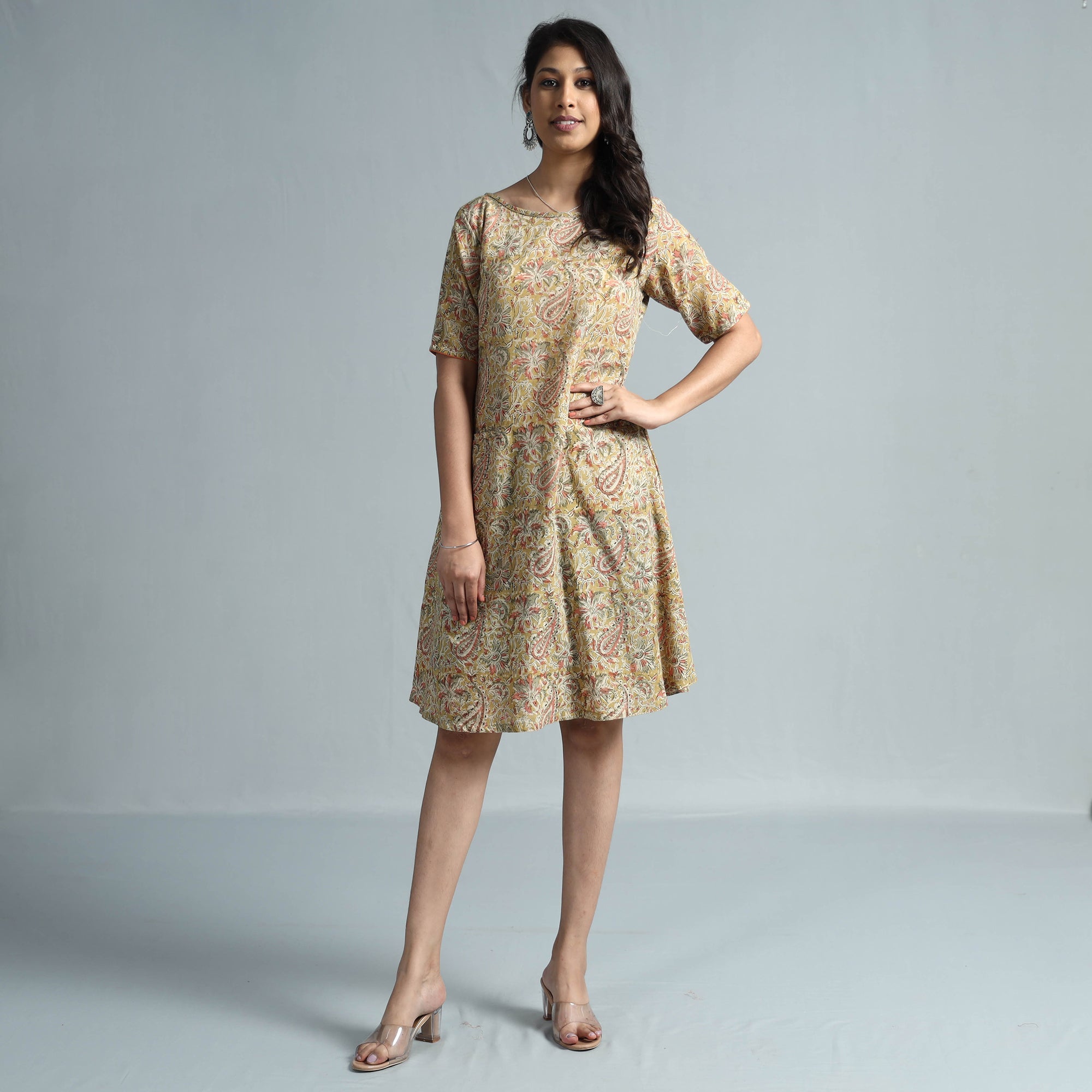 ITOKRI CASUALS Beige - Kalamkari Block Printed Mul Cotton Flare Dress