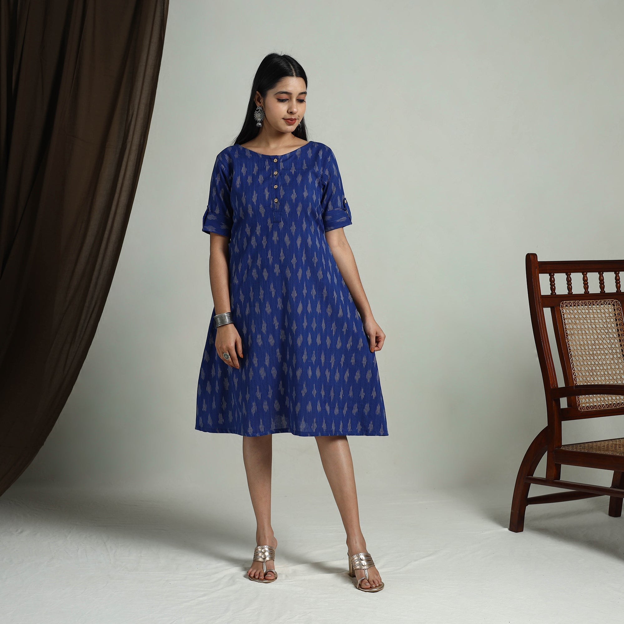ITOKRI CASUALS Blue - Flared Cotton Short Pochampally Ikat Dress 11 - view 3