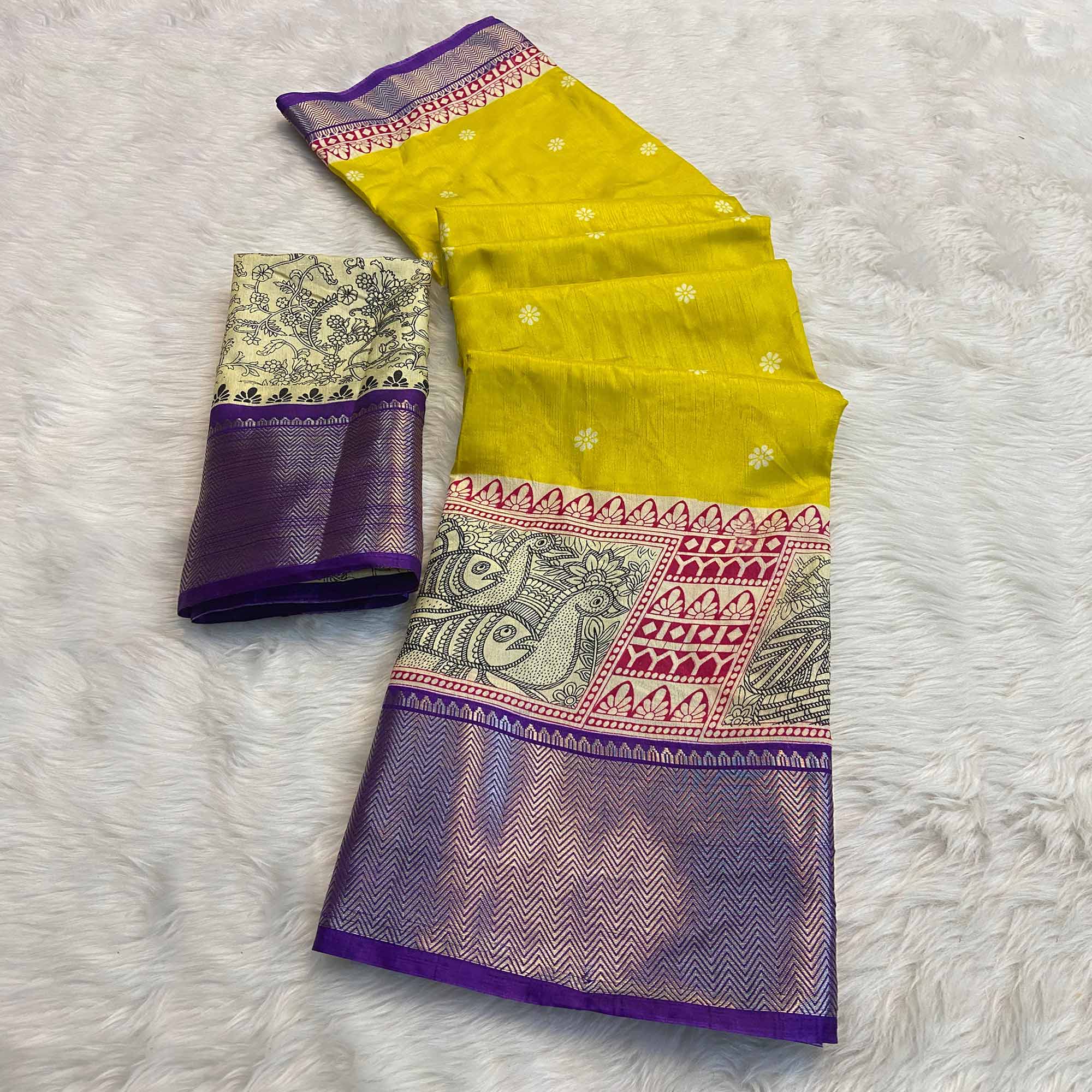 Peachmode Lemon Yellow & Purple Floral Printed Dola Silk Saree With Woven Border