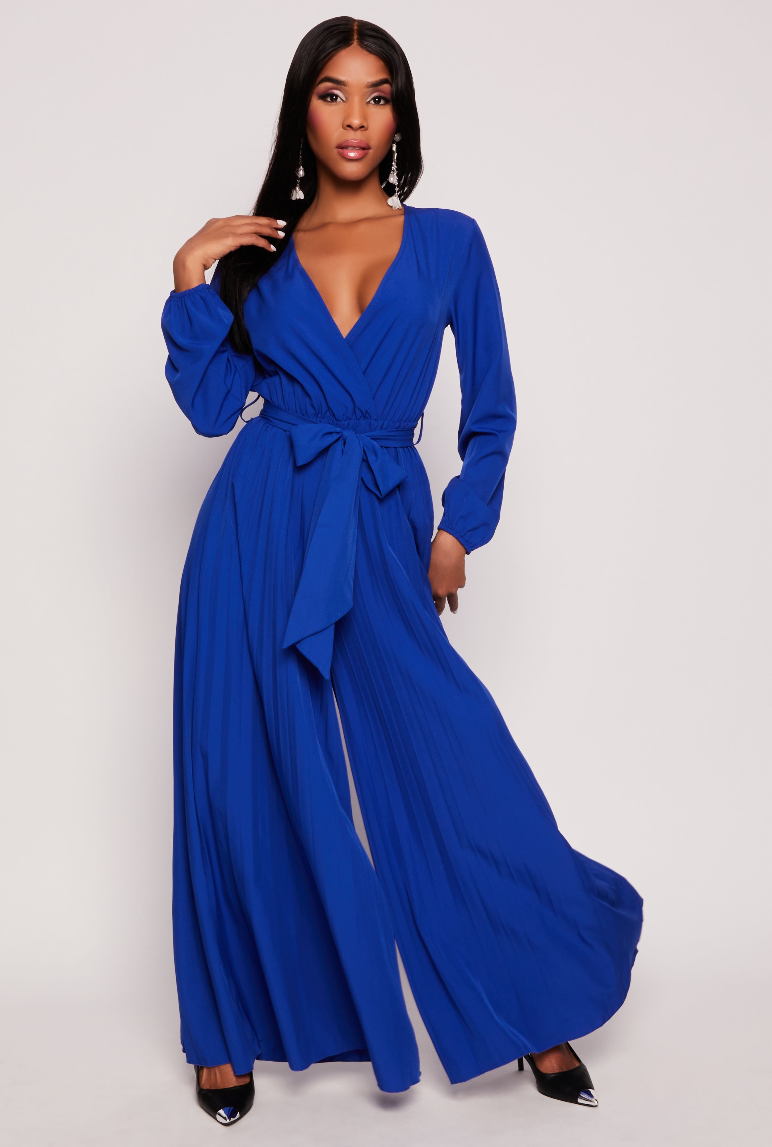 Rainbow Shops Pleated Wide Leg Faux Wrap Jumpsuit