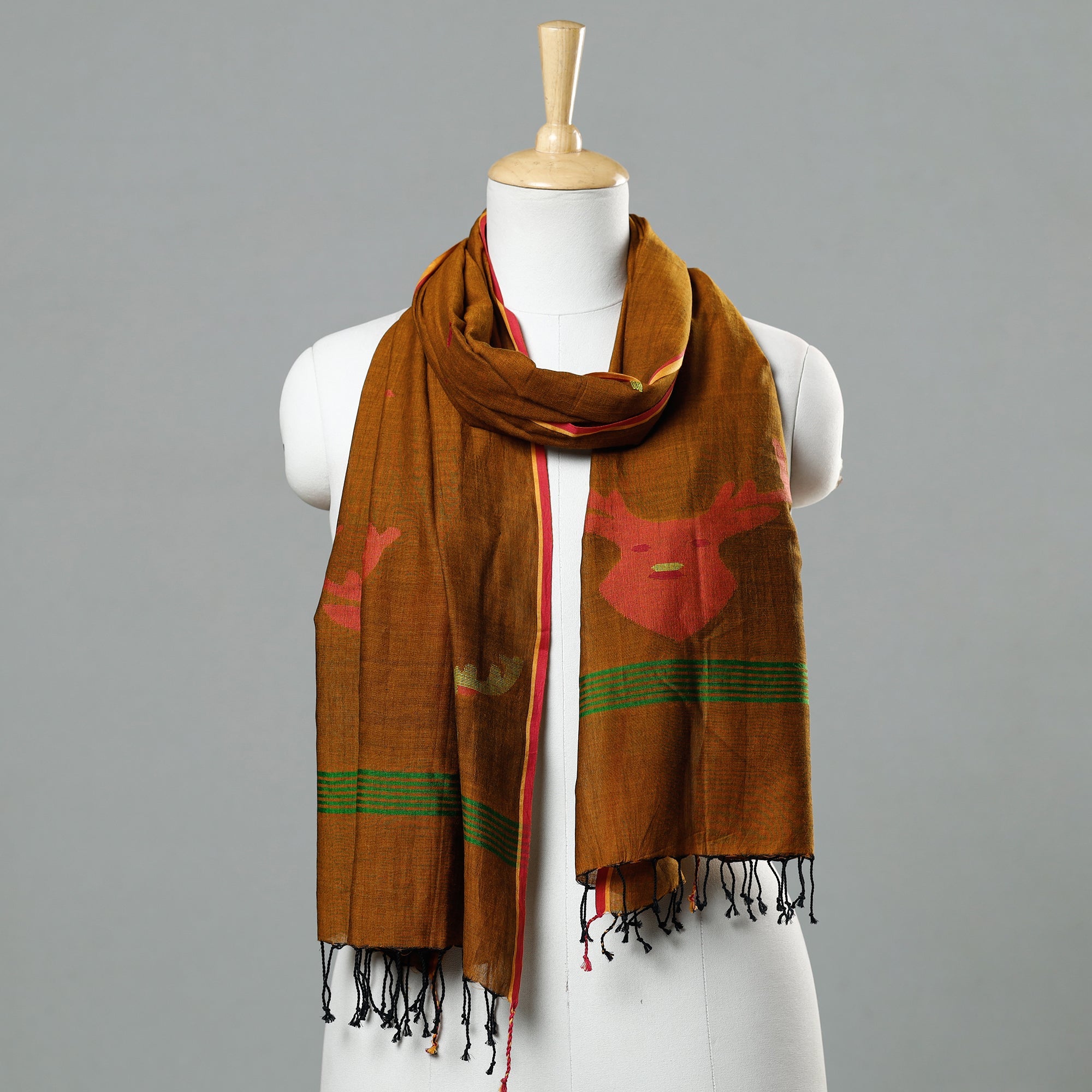 ALANKRITA Brown - Jamdani Handloom Cotton Stole with Tassels