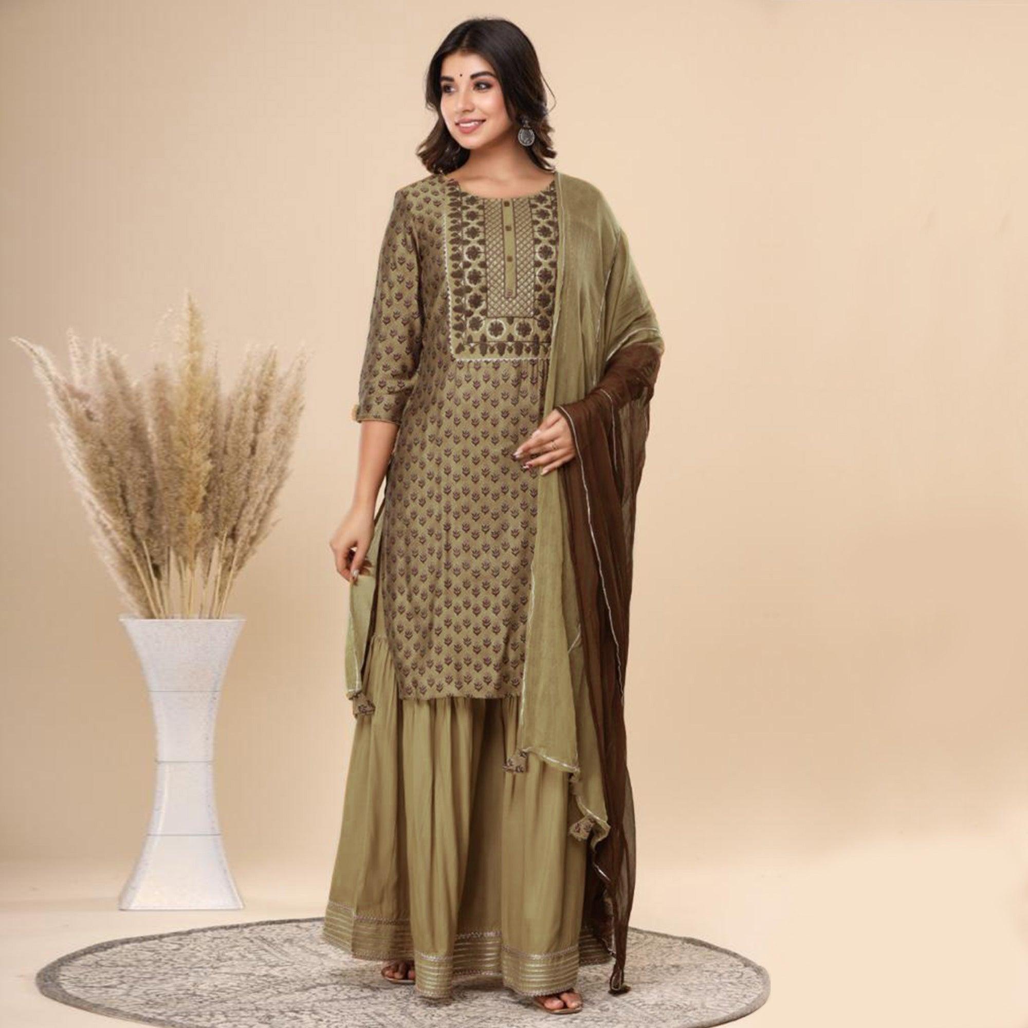 Peachmode Brown Printed Pure Cotton Sharara Suit