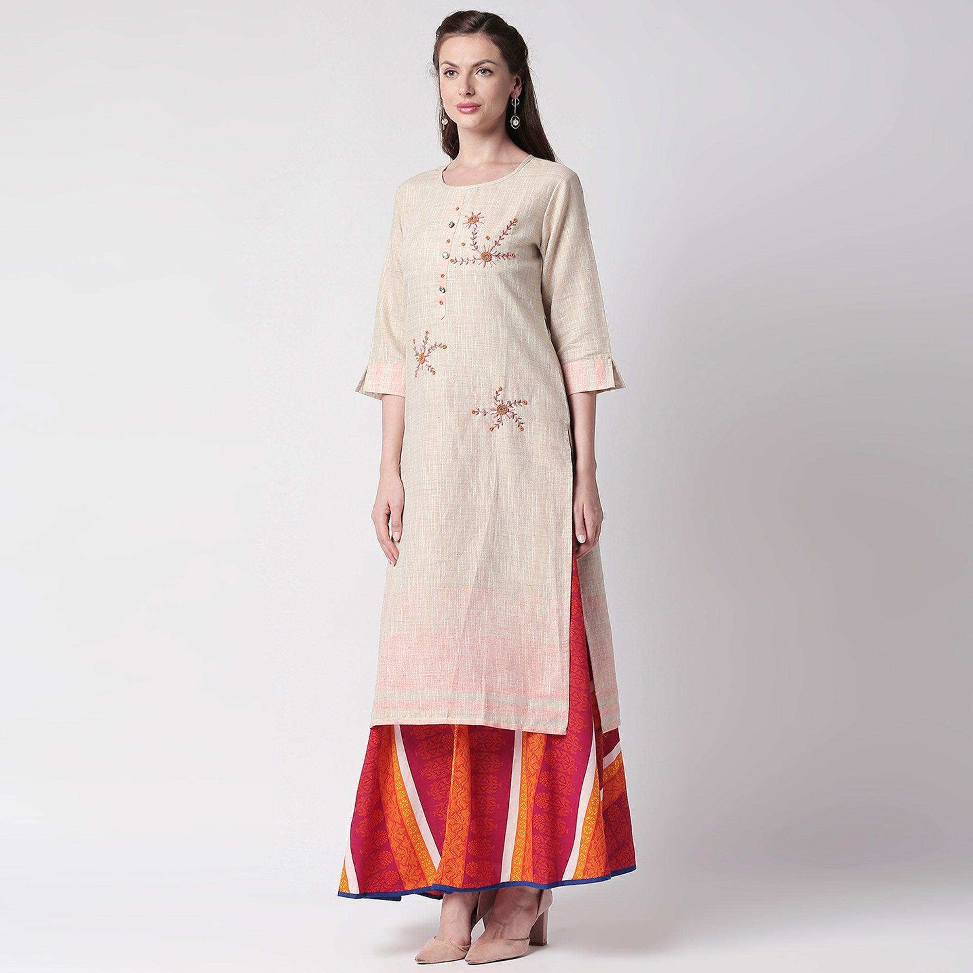 BlackTree glowing-off-white-colored-partywear-embroidered-cotton-kurti-skirt-set-41536 - view 8