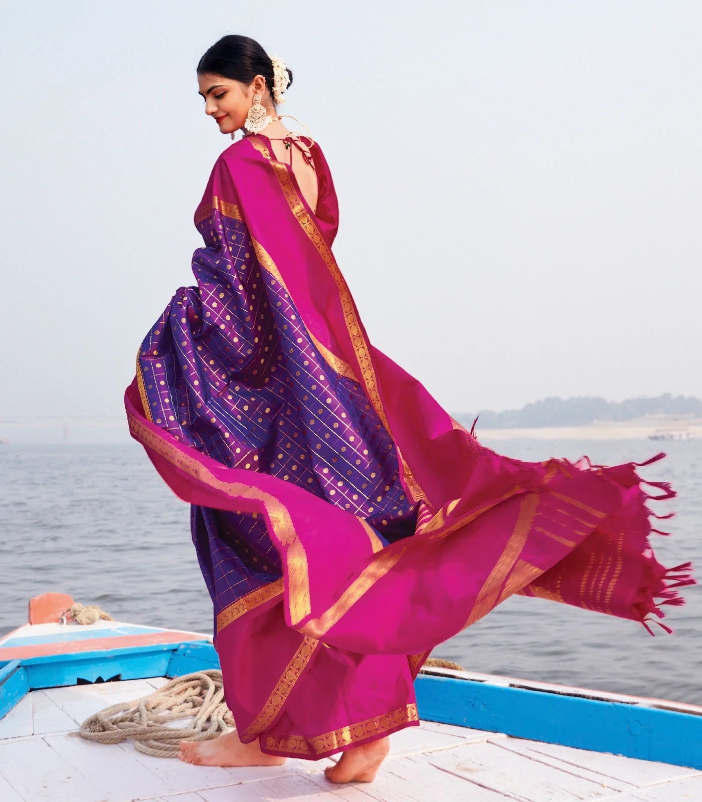 RmKV Silks Purple Handloom Kanchipuram Silk Saree With Checks & Buttas