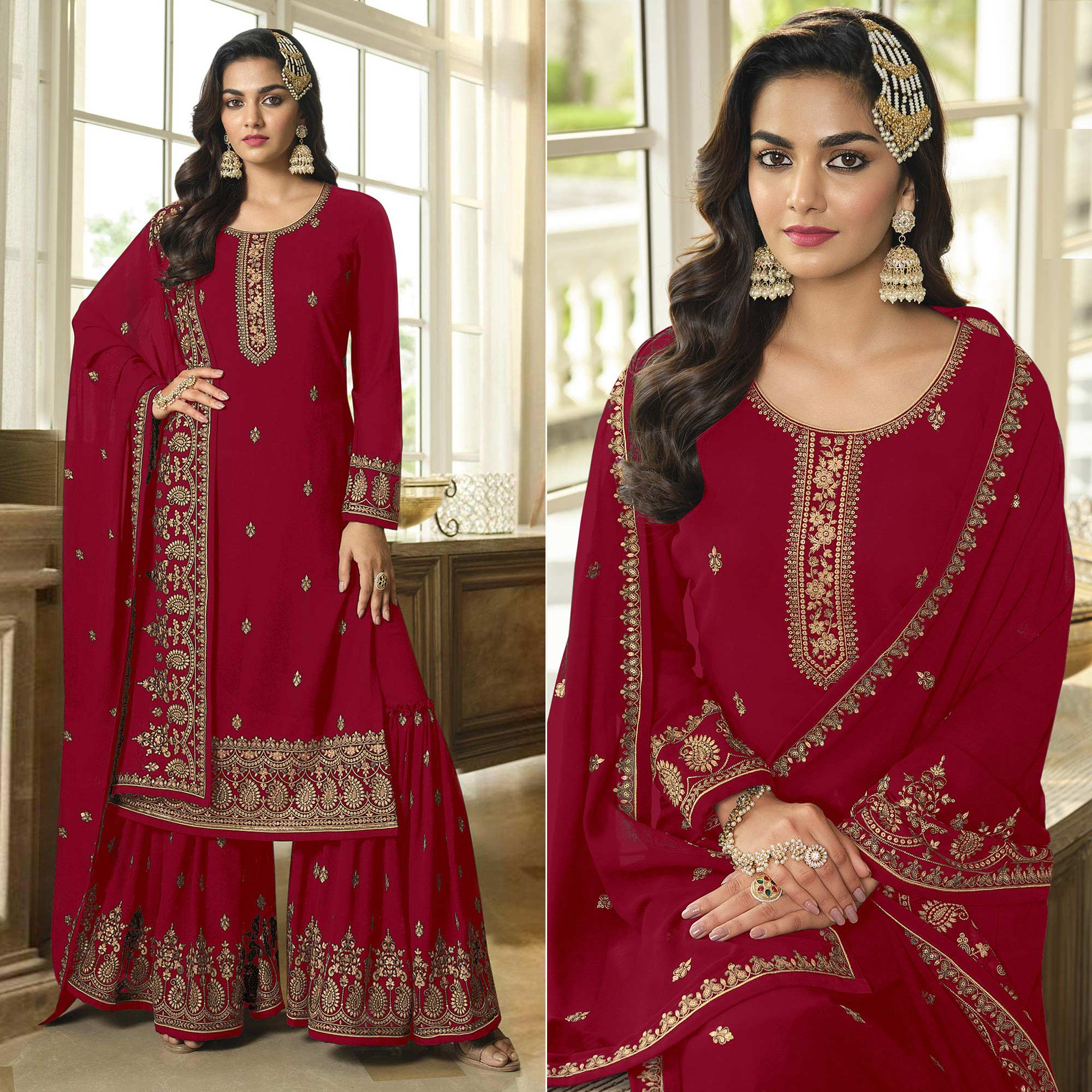Peachmode Maroon Floral Embroidered Georgette Sharara Suit