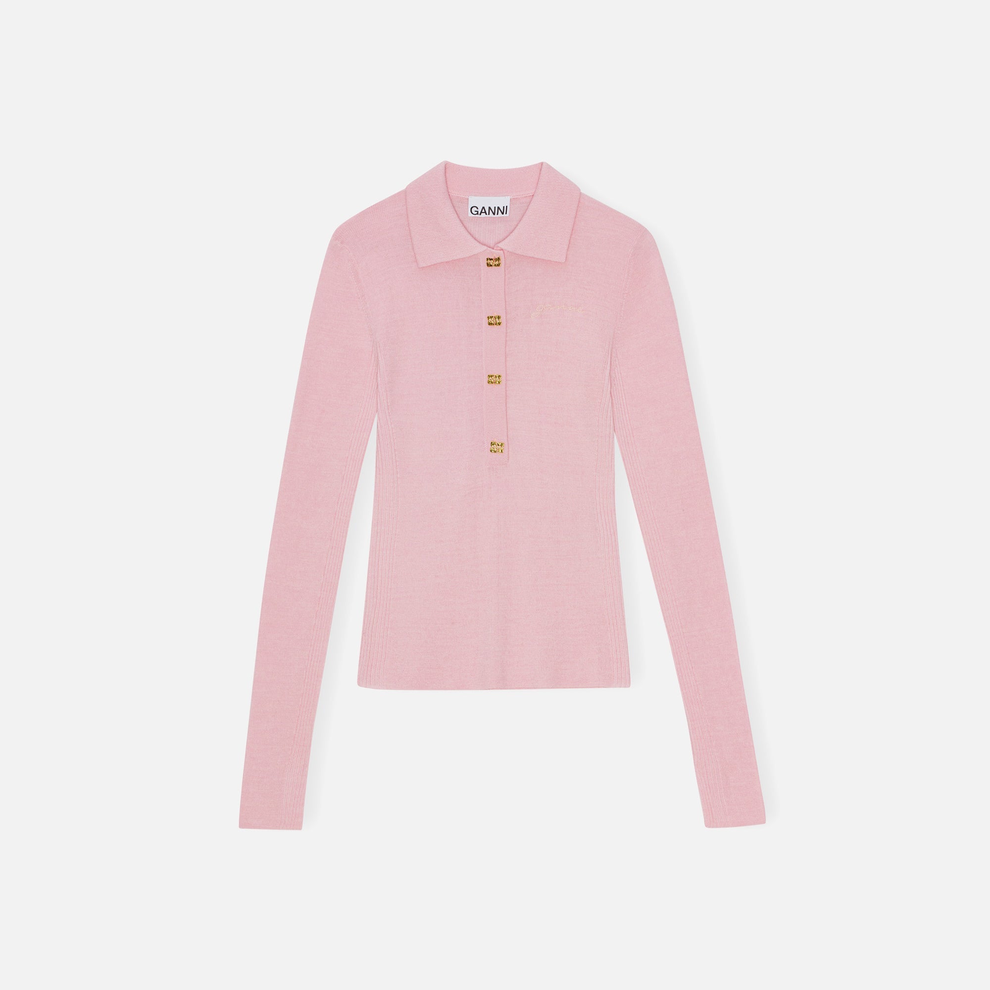 Ganni Mini Ribbed Merino Polo - Chalk Pink