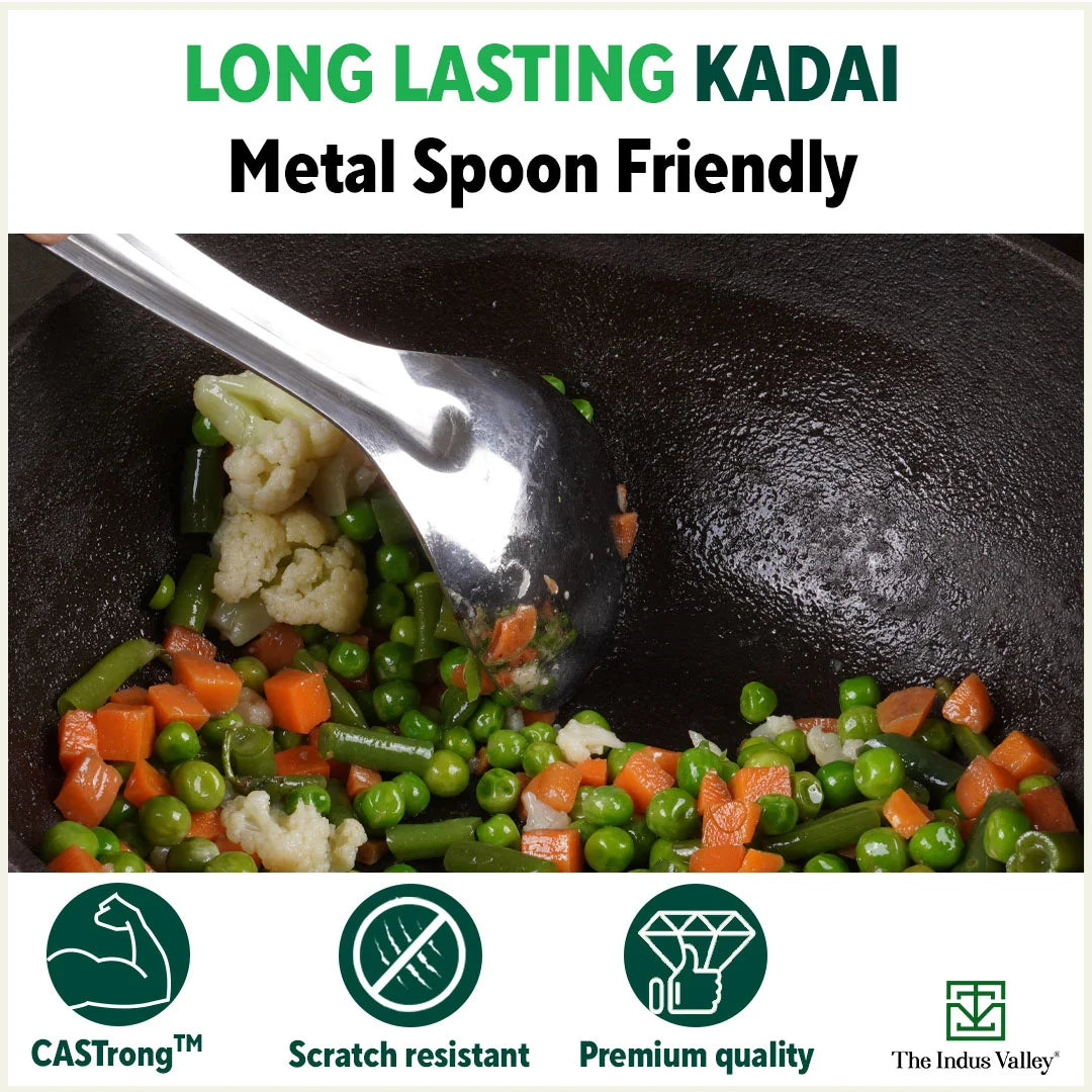 The Indus Valley CASTrong Cast Iron Kadai+ Free ₹110 Spatula, Pre-seasoned, Nonstick, 100% Pure, Toxin-free, 25.2cm, 2.2L, 2.37kg - view 10