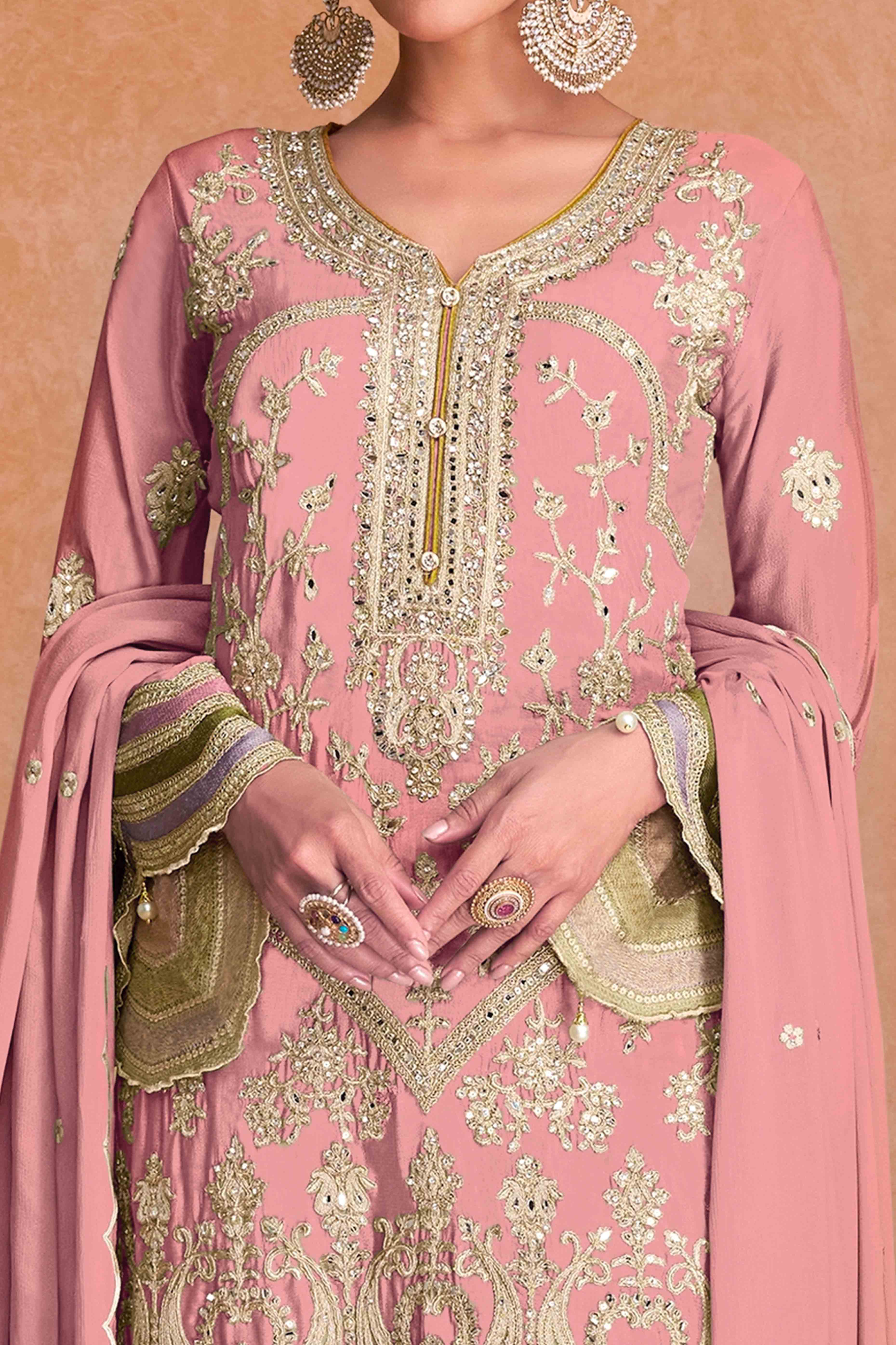 Peachmode Seller Gajari Pink Floral Sequins Embroidered Chinon Palazzo Suit - view 2