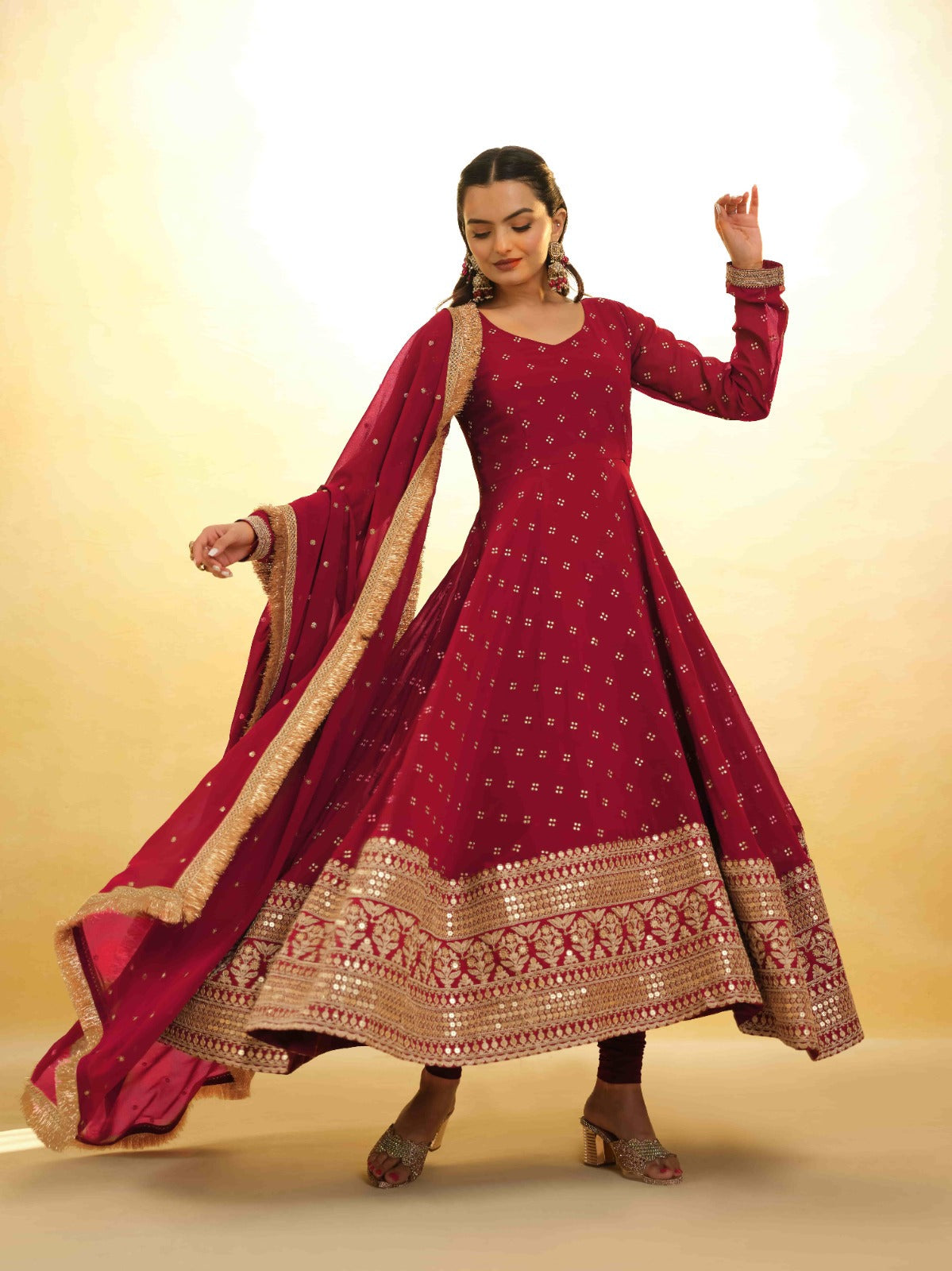 ClothsVilla Maroon Georgette Suit with Embroidery and Shantoon Bottom