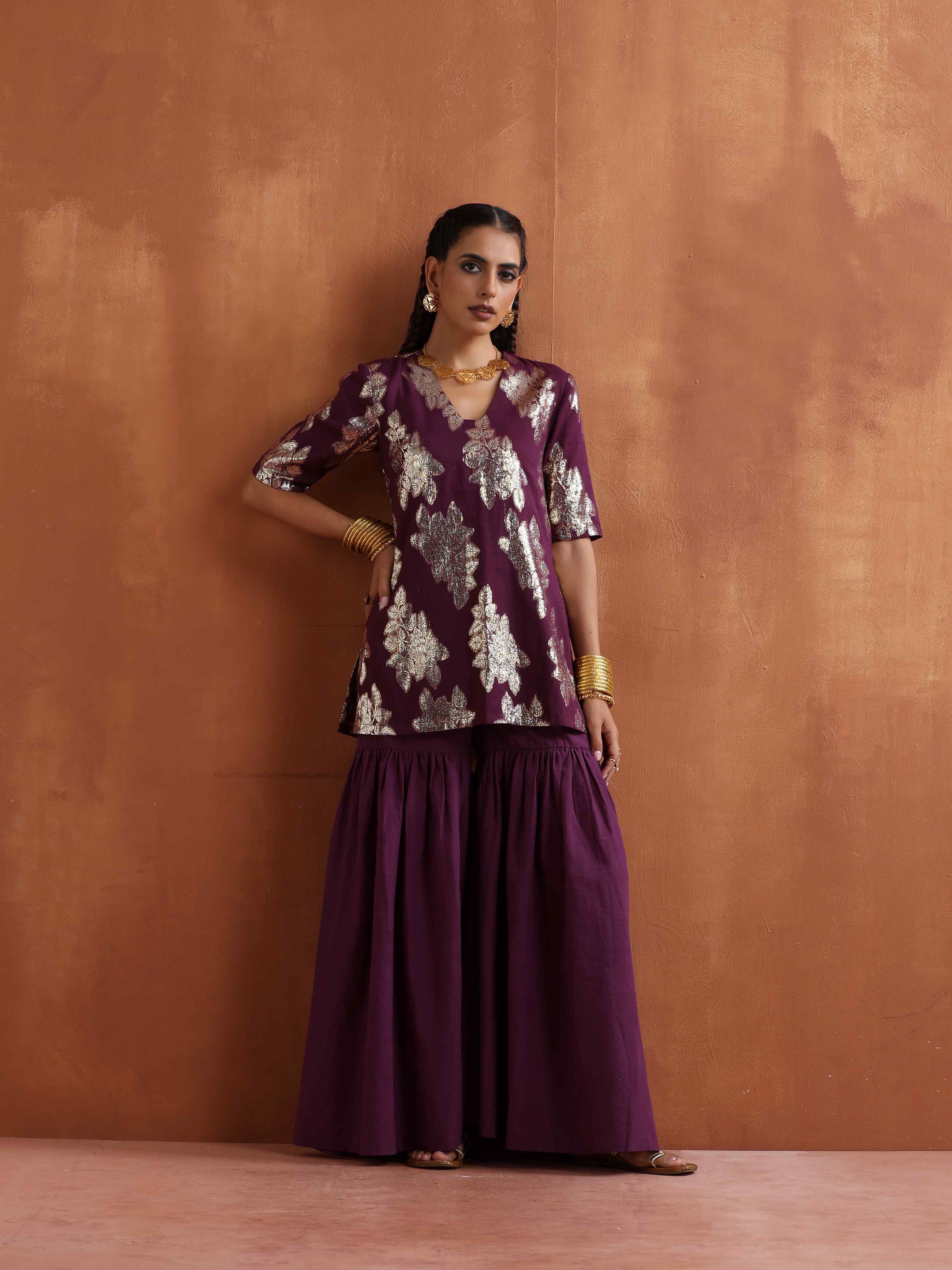 trueBrowns Purple Metallic Sharara Dupatta Set - view 2
