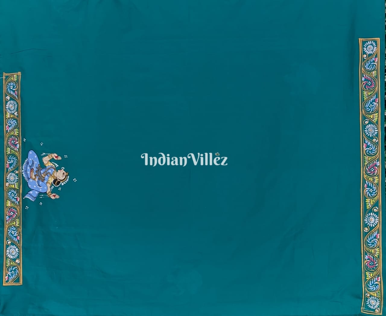 IndianVillèz Azure Blue Radha Krishna Hand-Painted Pattachitra Art Silk Saree - view 4